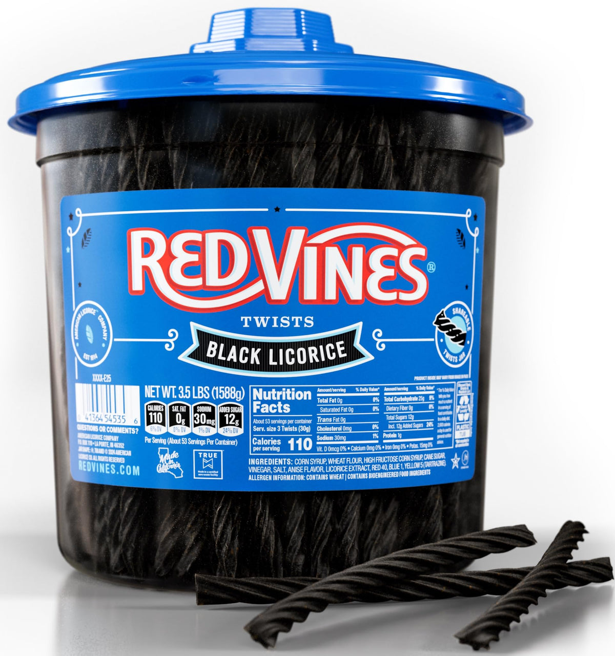 Red Vines Lakritz Bonbons Schwarzes Lakritz Weiche, zähe Bonbon-Stangen 3,5 Pfund Glas