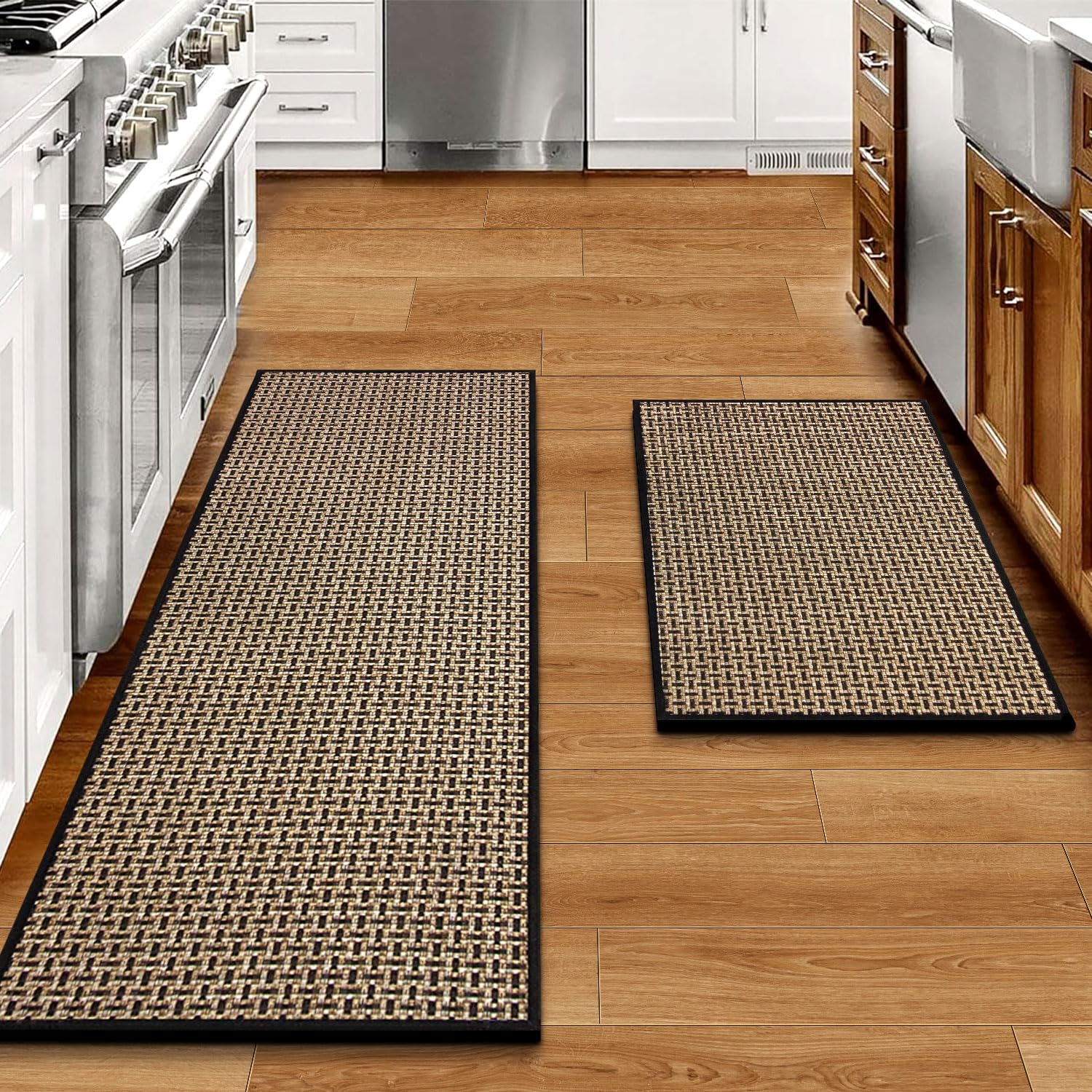 eqivei Küchenteppiche und -matten Rutschfest Waschbar, 2er-Set, Saugfähige Läufer für Küche, vor der Spüle, Küchenmatten für den Boden, 43,9 cm x 119,4 cm + 43,9 cm x 73,7 cm (Schwarz)