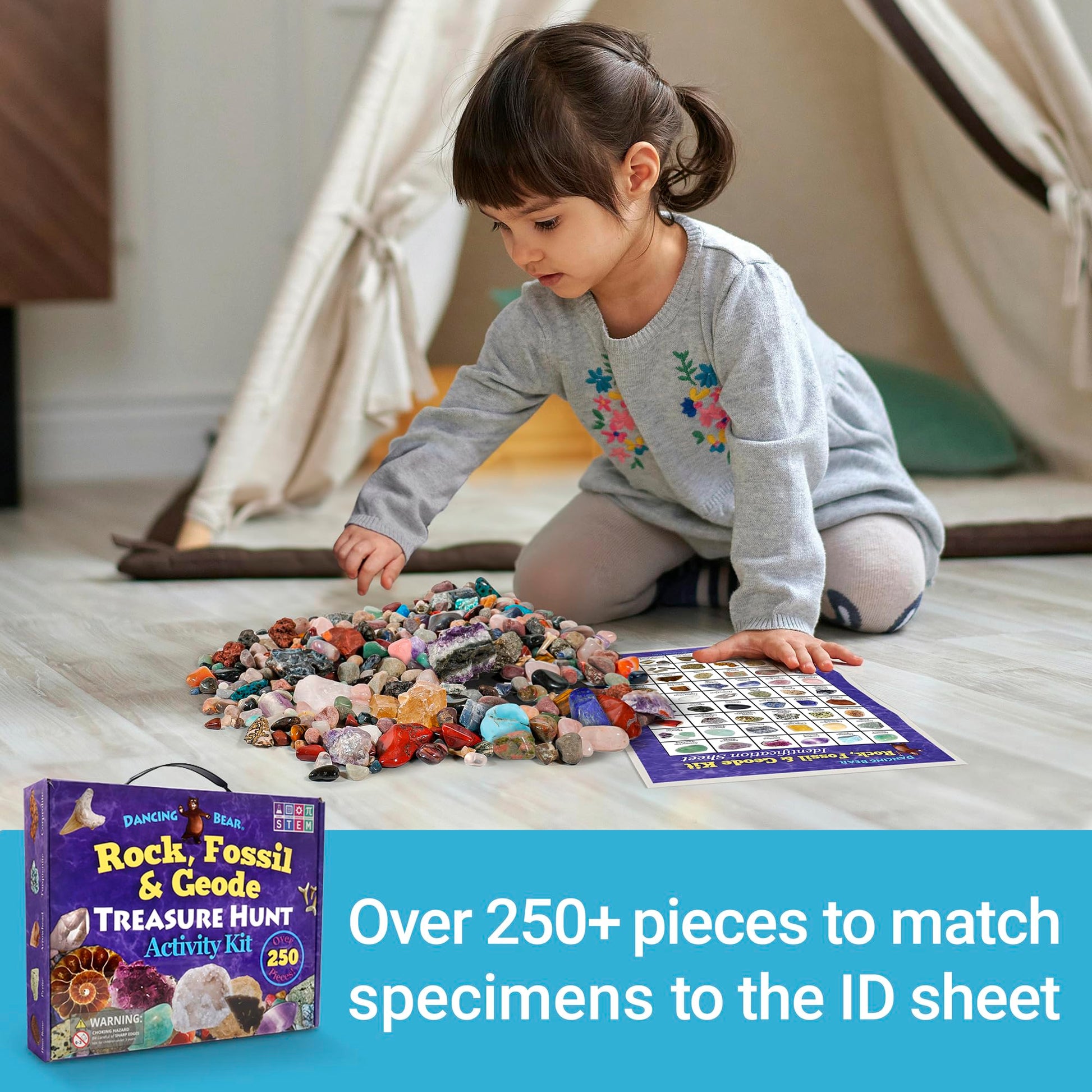 DANCING BEAR Rock, Mineral & Geodes Treasure Hunt Activity Kit (250 Pc Set) Real Shark Teeth Fossils, ID Sheet & Rock Book, STEM