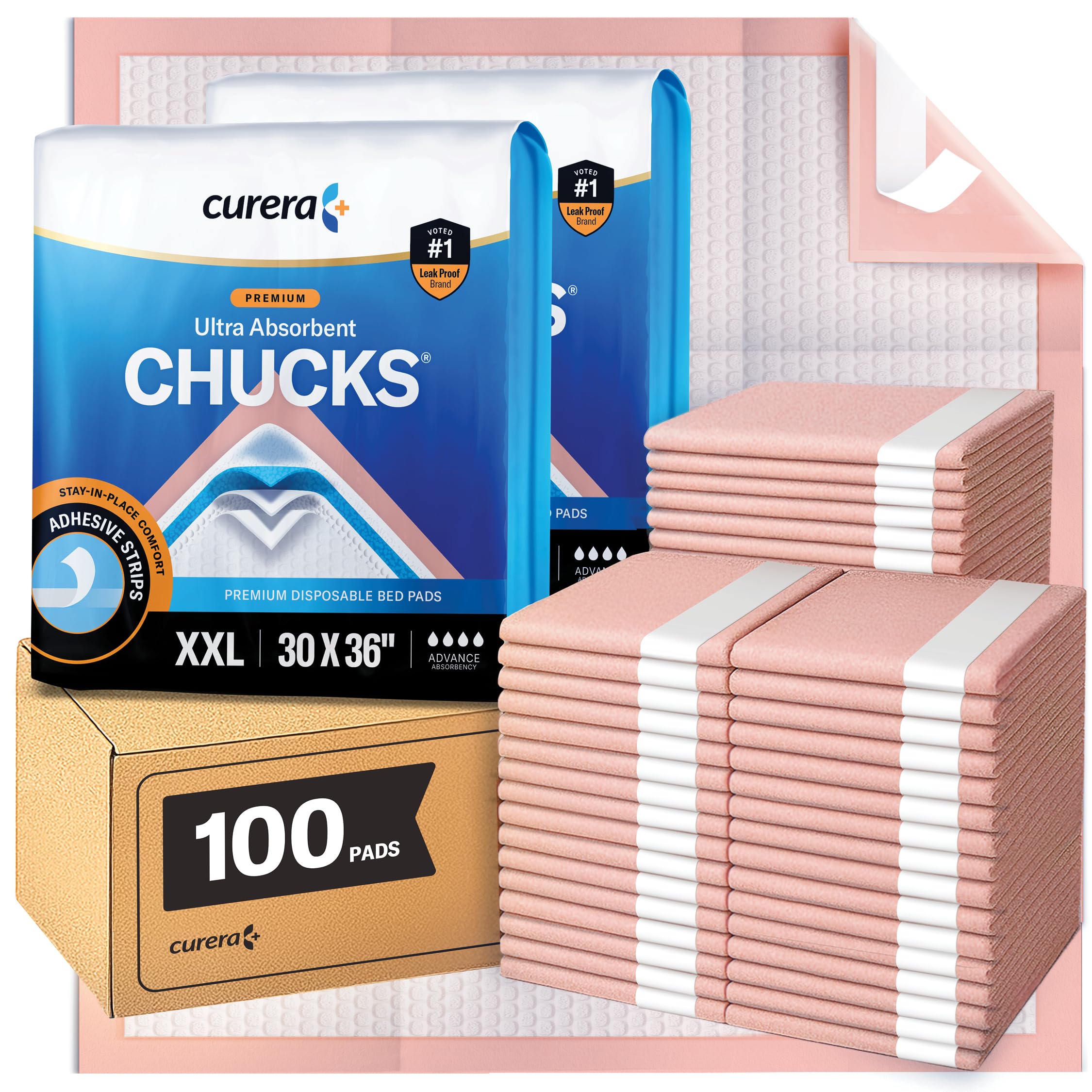 Curera Chucks Premium Disposable Underpads 30"x36" [100-Count] Ultra Absorbent Chux Incontinence Bed Pads Disposable Adult with Adhesive Tape, Pee Pads Pet Training Pads XX-Large 30x36 Bulk Pack