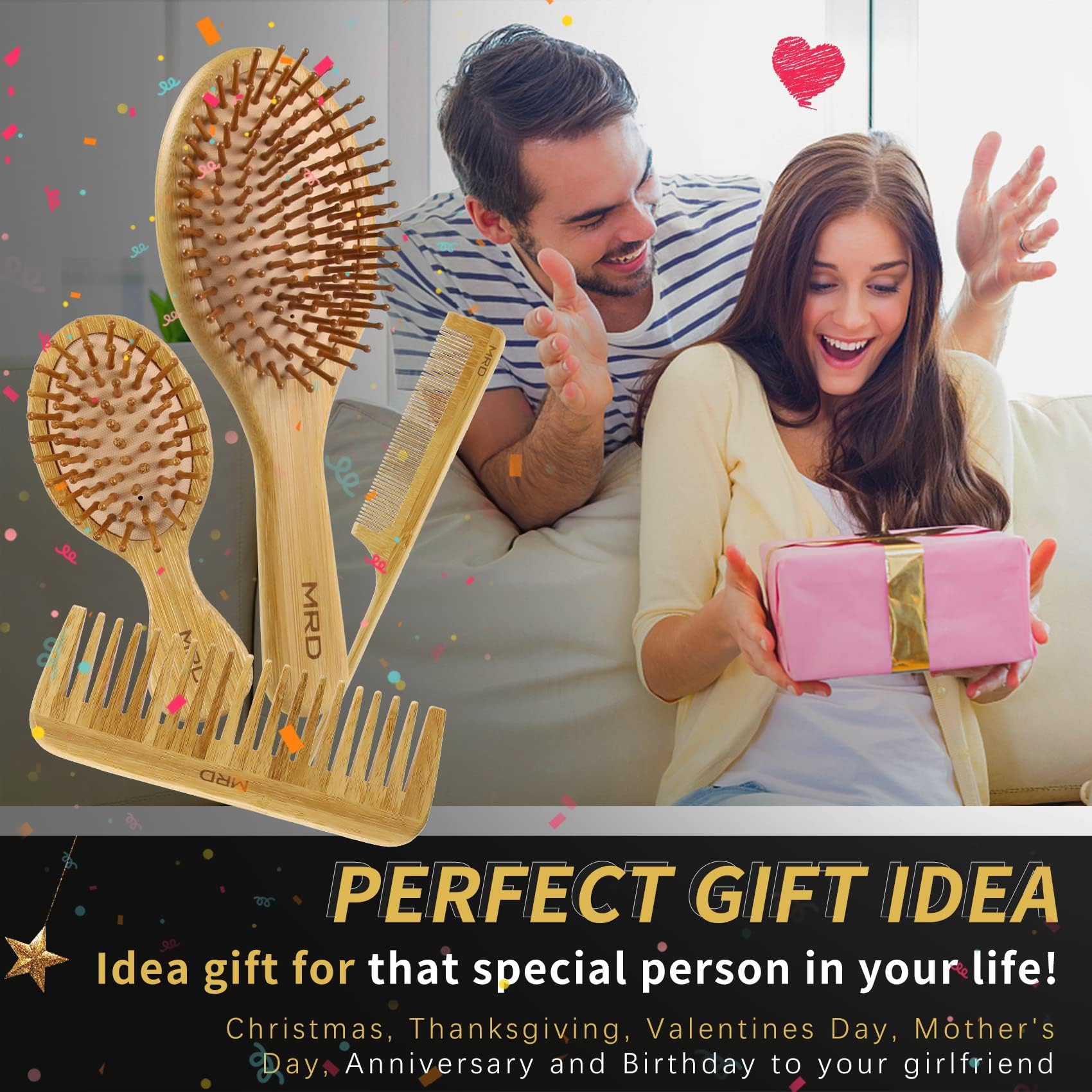 MRD Hair Brush Set, Natural Bamboo Comb Paddle Detangling Hairbrush, Wide-tooth and tail comb No Bristle, suit for Women Men and Kids Thick/Thin/Curly/Dry Hair Gift kit