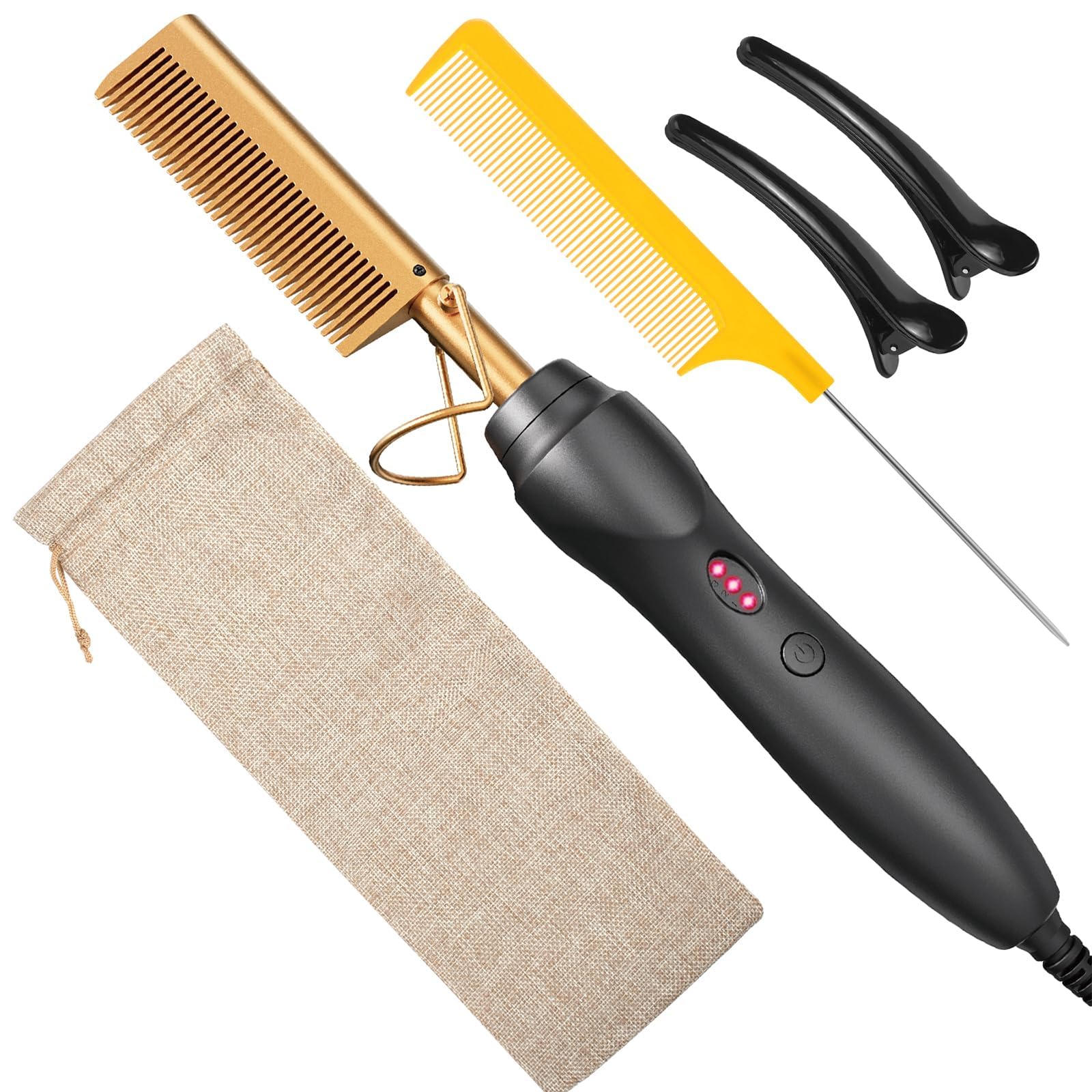 BudiGl Hot Comb Hair Straightener Pressing Combs - Ceramic Electric Straightening Comb for Natural Black Beard Wigs Holiday Gift