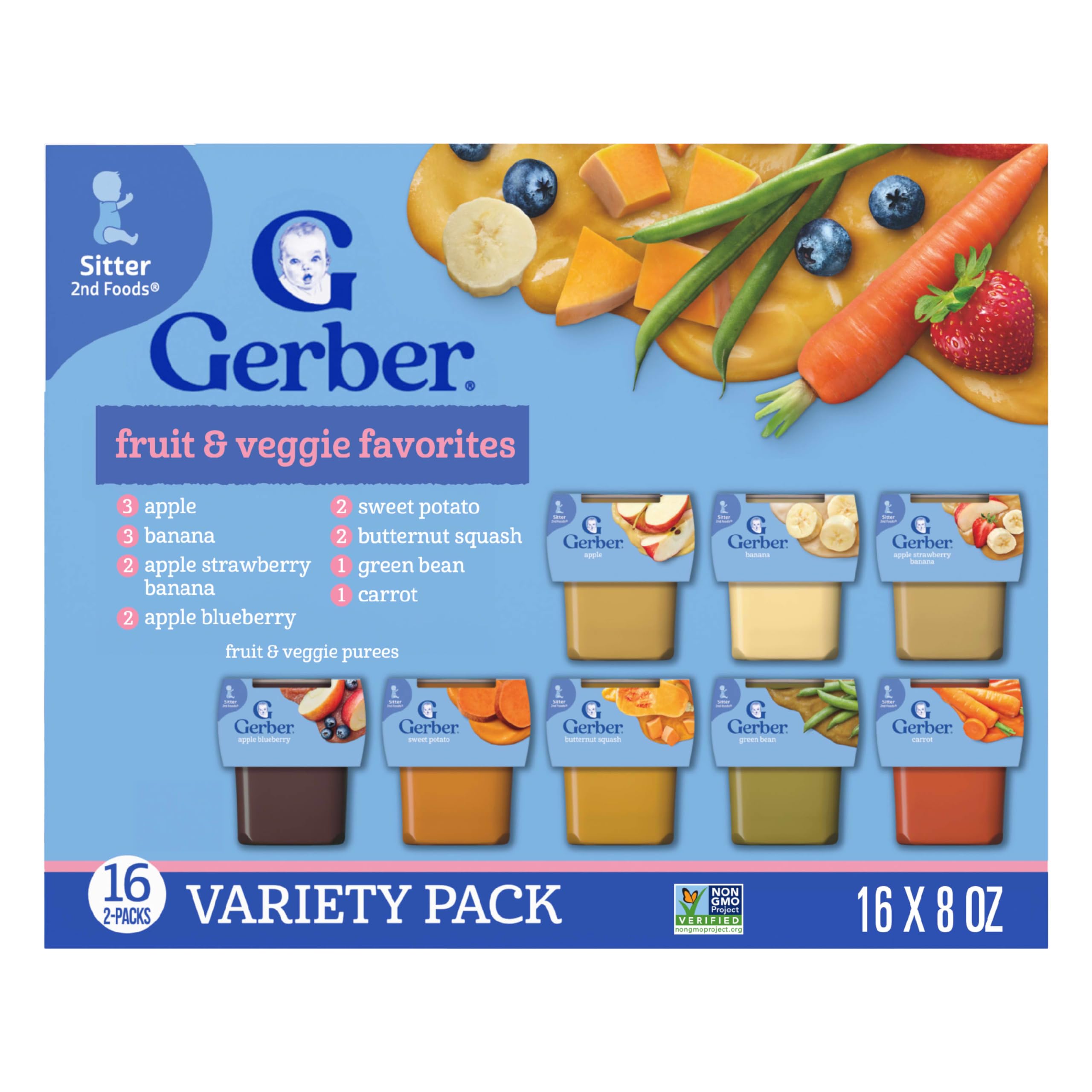 Gerber Pürees 2. Nahrung Gemüse- & Fruchtsortenpackung, 226 g, Schachtel mit 16 Stück (Verpackung kann variieren)