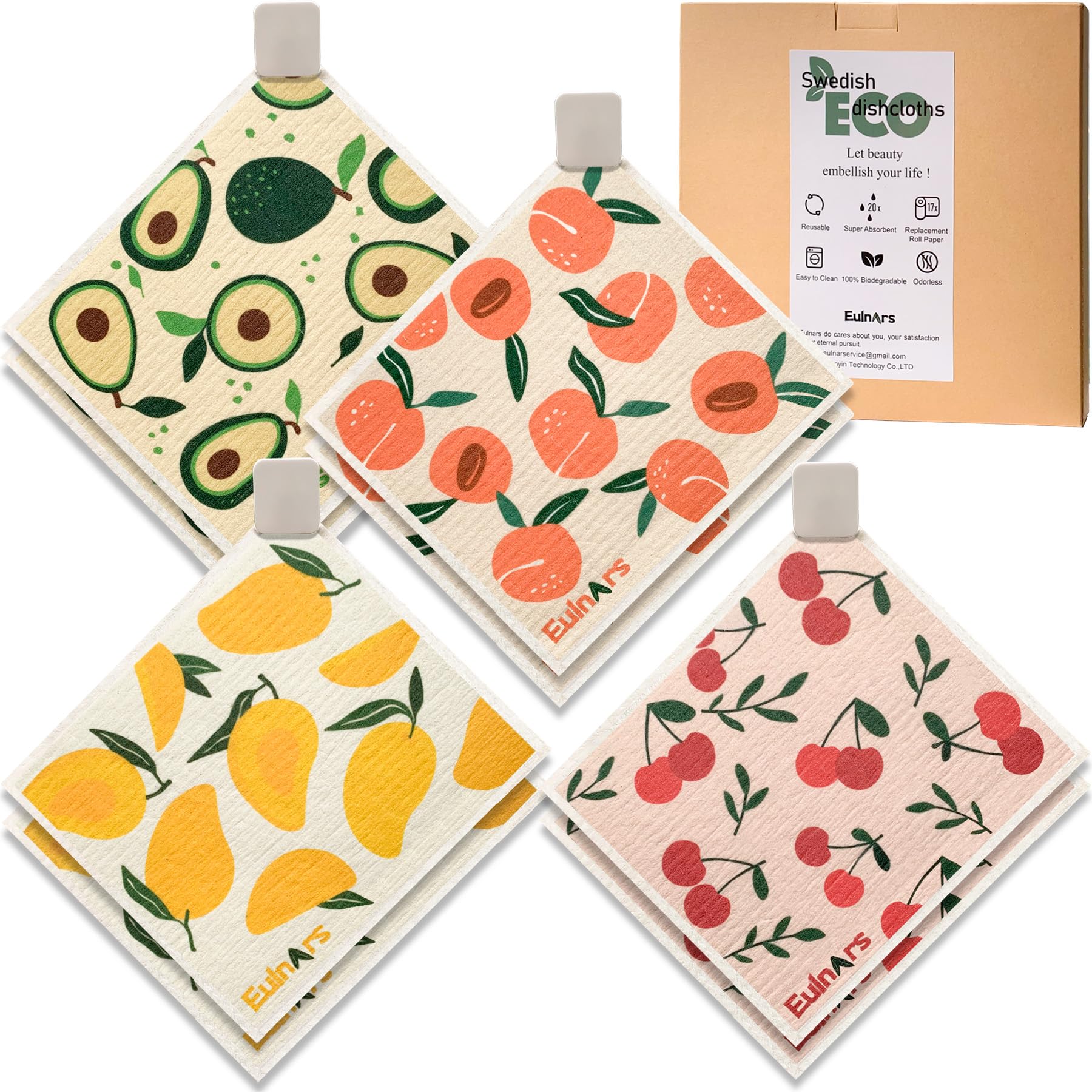 Eulnars Schwedische Spültücher für die Küche, 8er-Pack wiederverwendbare Papiertücher mit Clips, kratzfreie schwedische Küchentücher, super saugfähige Zellstoffschwamm-Tücher, spülmaschinenfest, geruchsneutral
