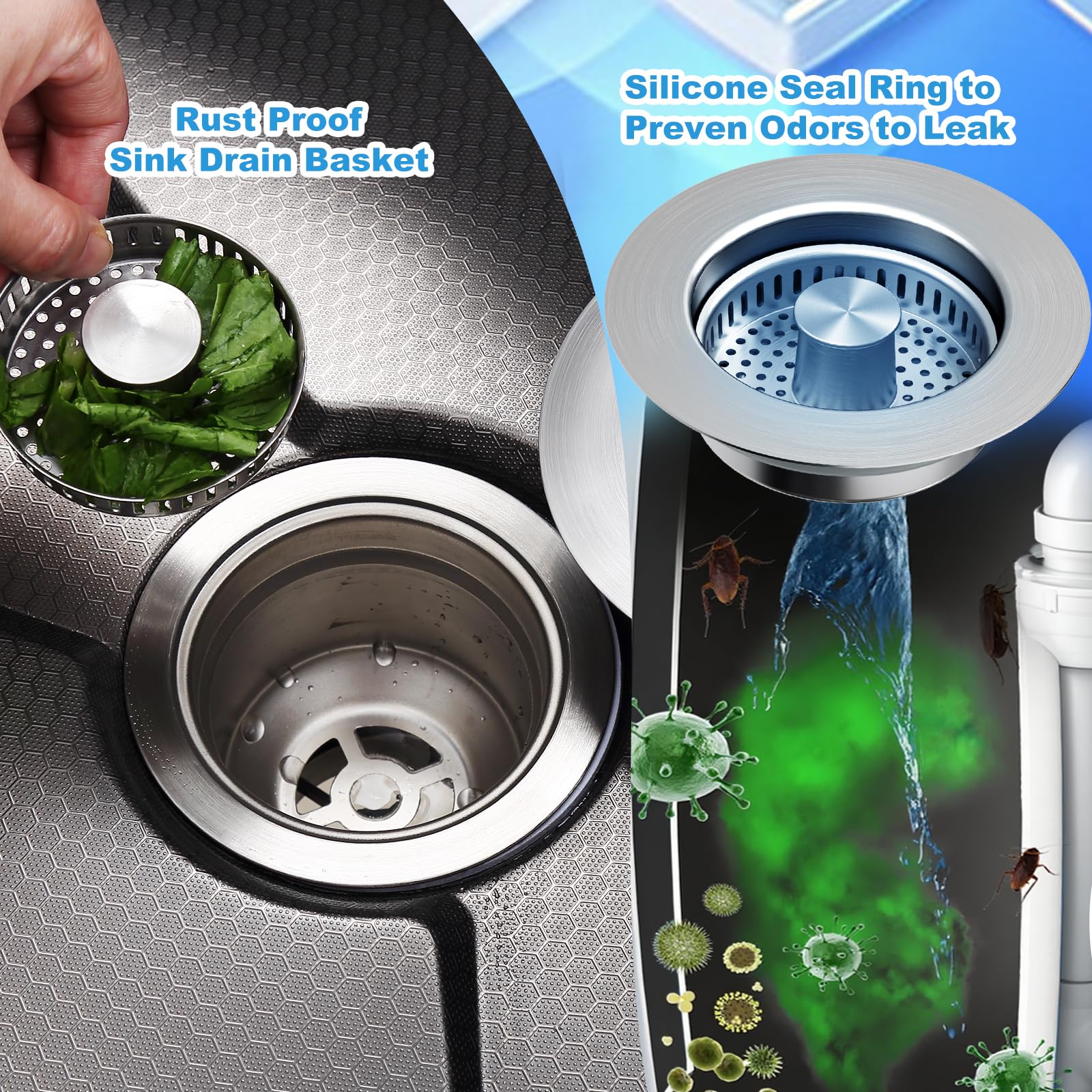 3-in-1 Kitchen Sink Drain Strainer & Stopper with Basket, Stainless Steel Drain Plug Cover Catcher for Food Waste - Sink Accessories for Home or Kitchen Sink Shroom Fit US Standard 3-1/2'' Drain Hole
