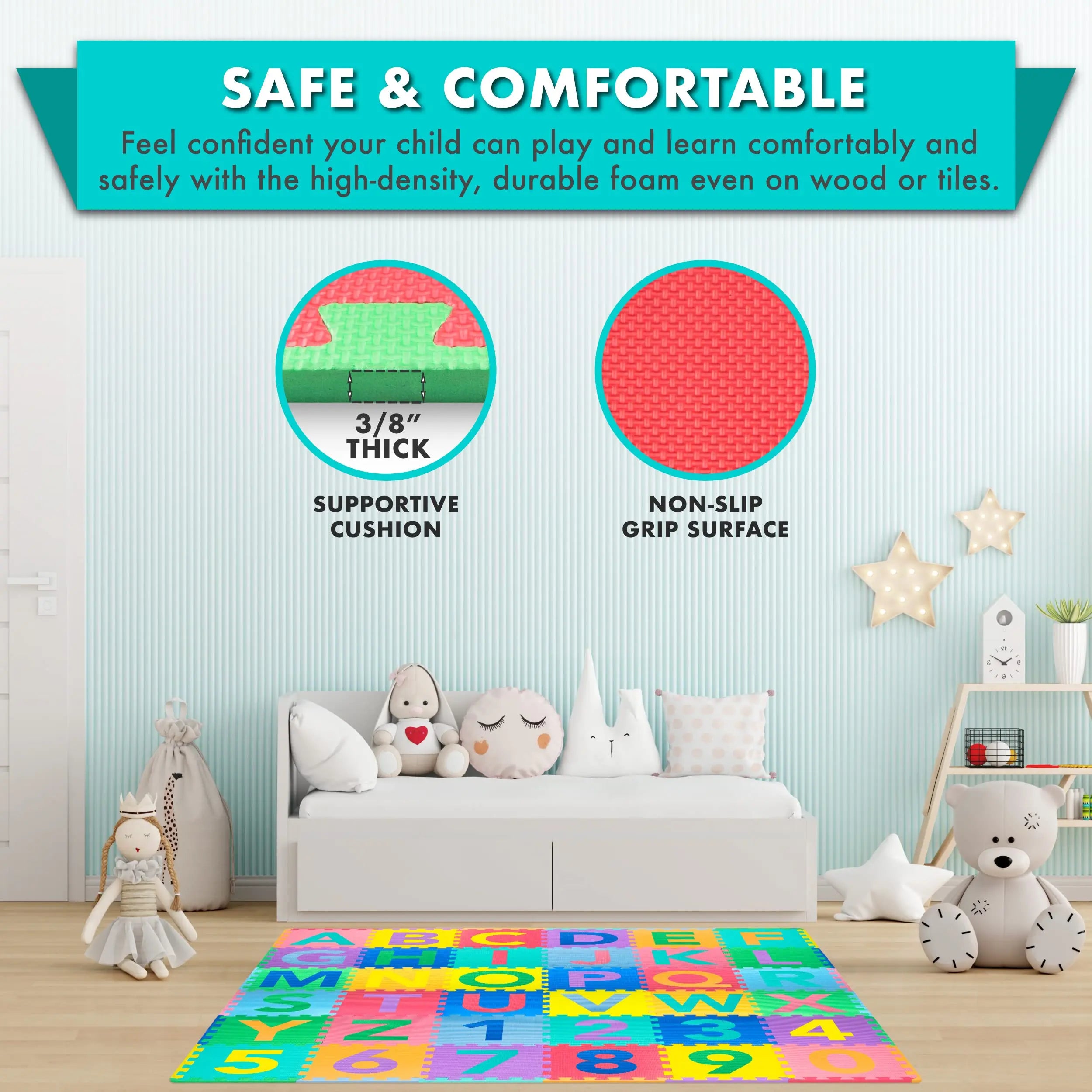 ProSource Kids Puzzle Alphabet, Numbers, 36 Tiles and Edges Play Mat, 12"x12", Abc & 123