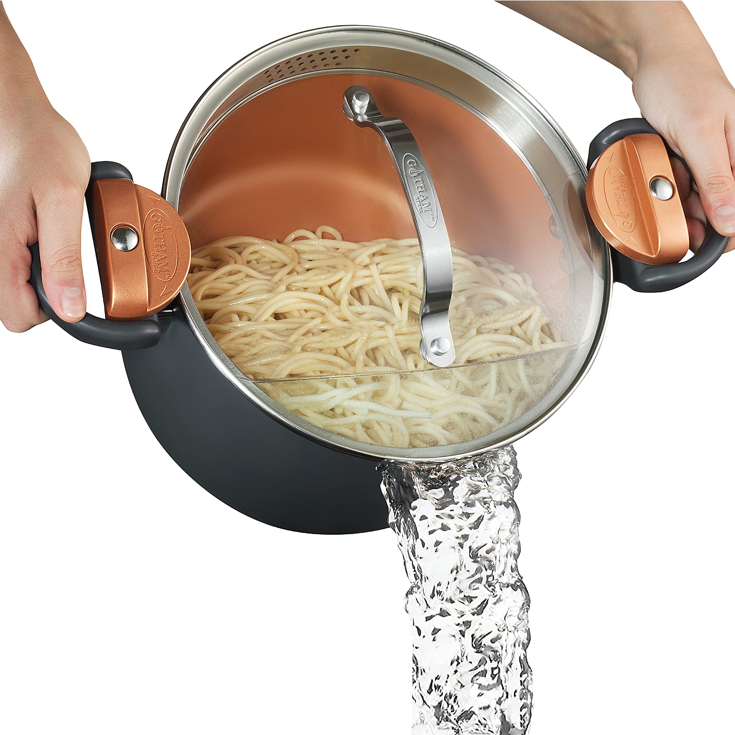 GOTHAM STEEL 5-Qt-Keramik-Suppentopf Mehrzweck-Nudeltopf mit Siebdeckel und Dreh-Verschlussgriffen, Antihaft-Keramik für Suppen, Spaghetti, Reis, Kochtöpfe für die Küche, spülmaschinenfest – Kupfer