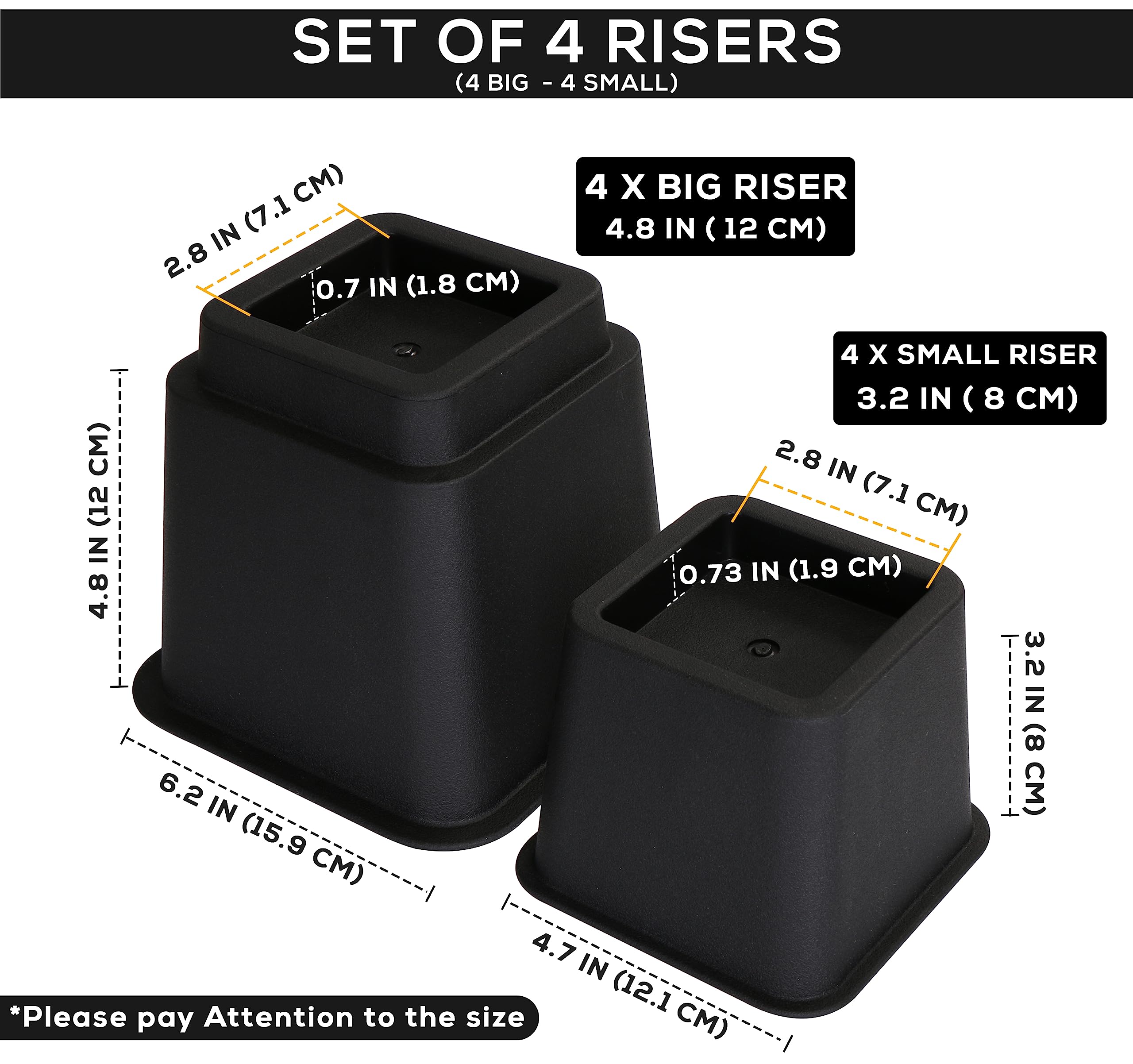 Utopia Bedding - Adjustable Bed Risers 3, 5, 8 Inch – Heavy Duty Furniture Riser Set of 4 for Beds, Couch & Desk – Under Bed Storage & Dorm Room Essential – Supports Up to 1,300 lbs – Black
