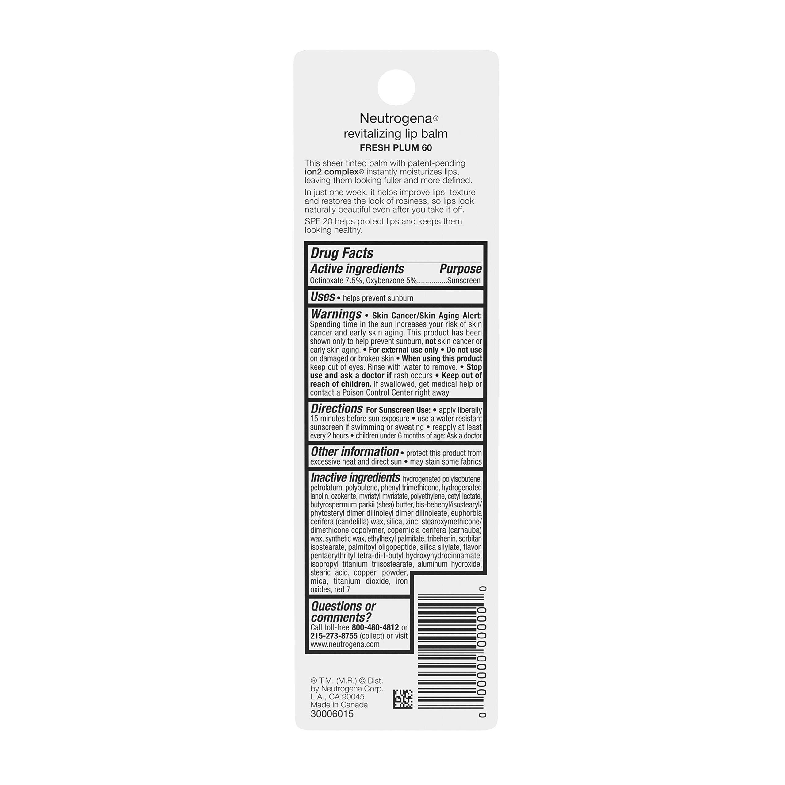 Neutrogena Revitalizing Tinted Lip Balm with SPF 20, Hydrating Tinted Lip Care with Sunscreen, Moisturizing Sheer Tint for Softer, Healthier-Looking Lips, Sheer Fresh Plum 60, 0.15 oz