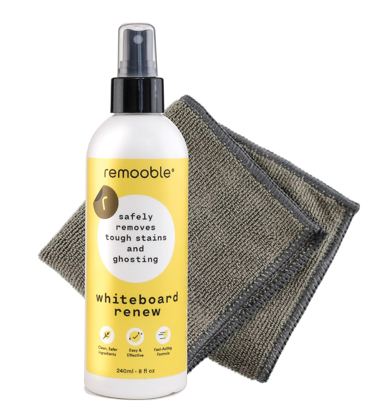 Remooble Dry Erase Whiteboard Cleaner Spray & Microfiber Cleaning Cloth - Safely Removes Tough Stains and Ghosting, 8 oz.