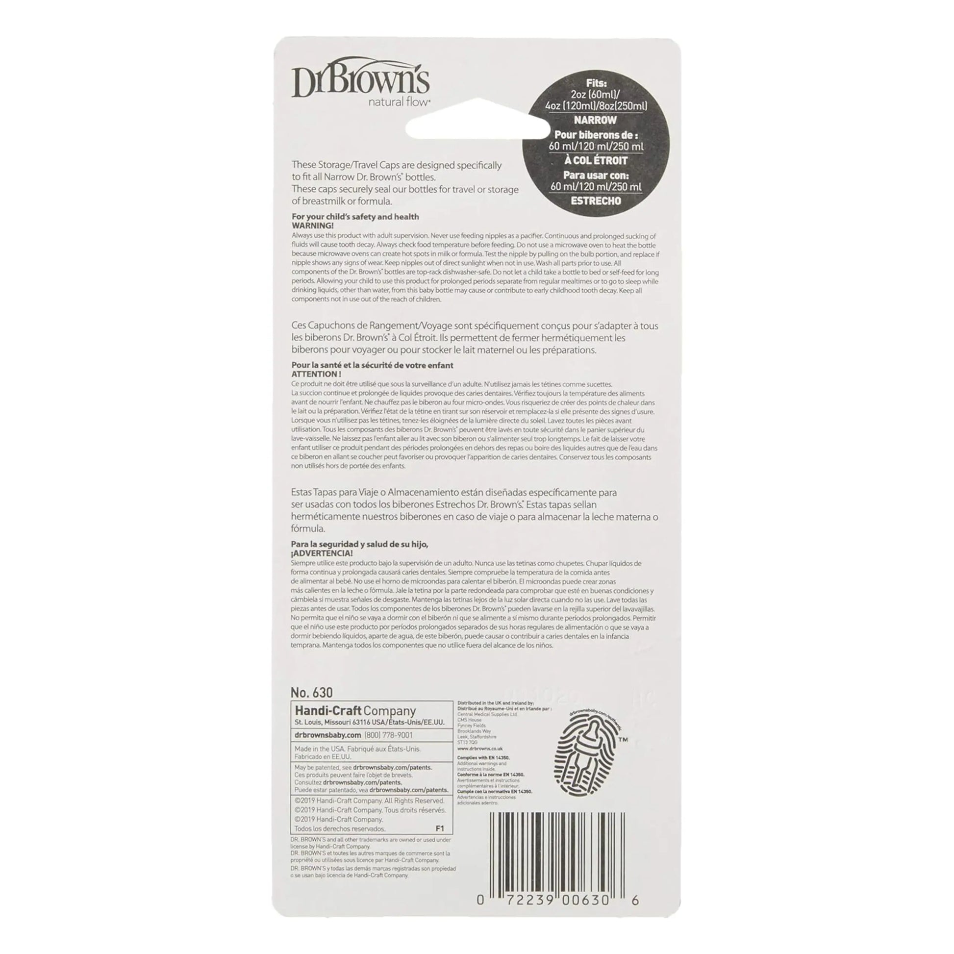 Dr. Brown's Narrow Storage/Travel Caps for Anti-colic Options+ Baby Bottles, fits 8 oz/250 mL and 4 oz/120mL, BPA-Free, 3-Pack