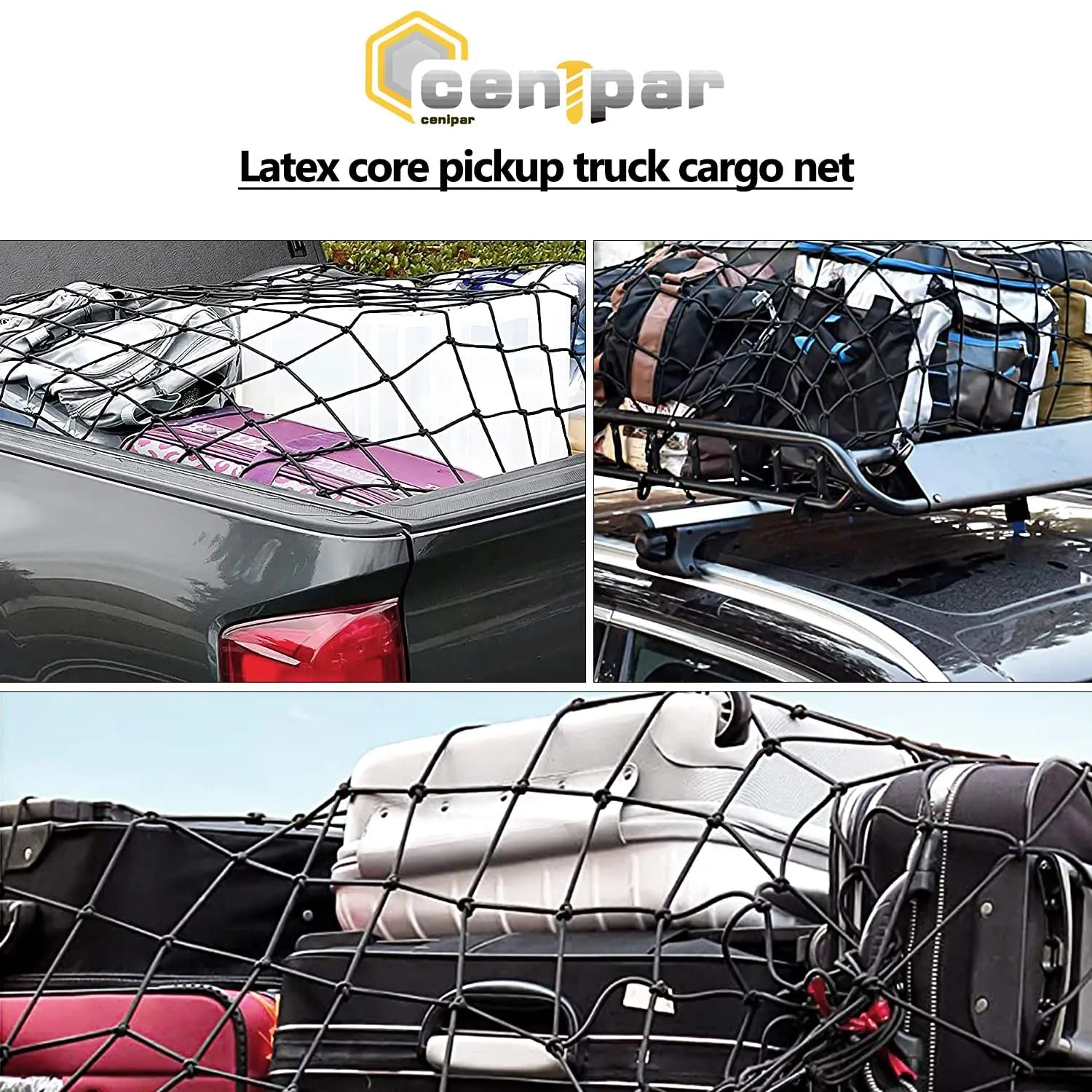 4’x6’ Truck Cargo Net Expands to 8' x 12' with 4"x4" Mesh Grid Super Duty Bungee Heavy Duty Bed Netting for Truck Bed Stretches with 12 Adjustable Metal Carabiners by Cenipar