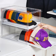 Vtopmart 2 Pack Hat Organizer for Baseball Caps, Clear Hats Holder Box with Drawer, Large Cap Storage with Sliding Tray, Stackable Rack Display Case with Magnetic Door, Each Holds 12 Hats