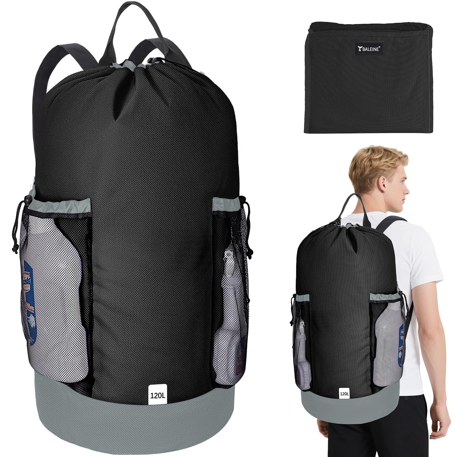 BALEINE 120L Laundry Bag Backpack, 900D Oxford Fabric Large Travel Laundry Bags with Shoulder Straps and 2 Mesh Pockets for College Dorm, Apartment, Laundromat (Black, 120L)