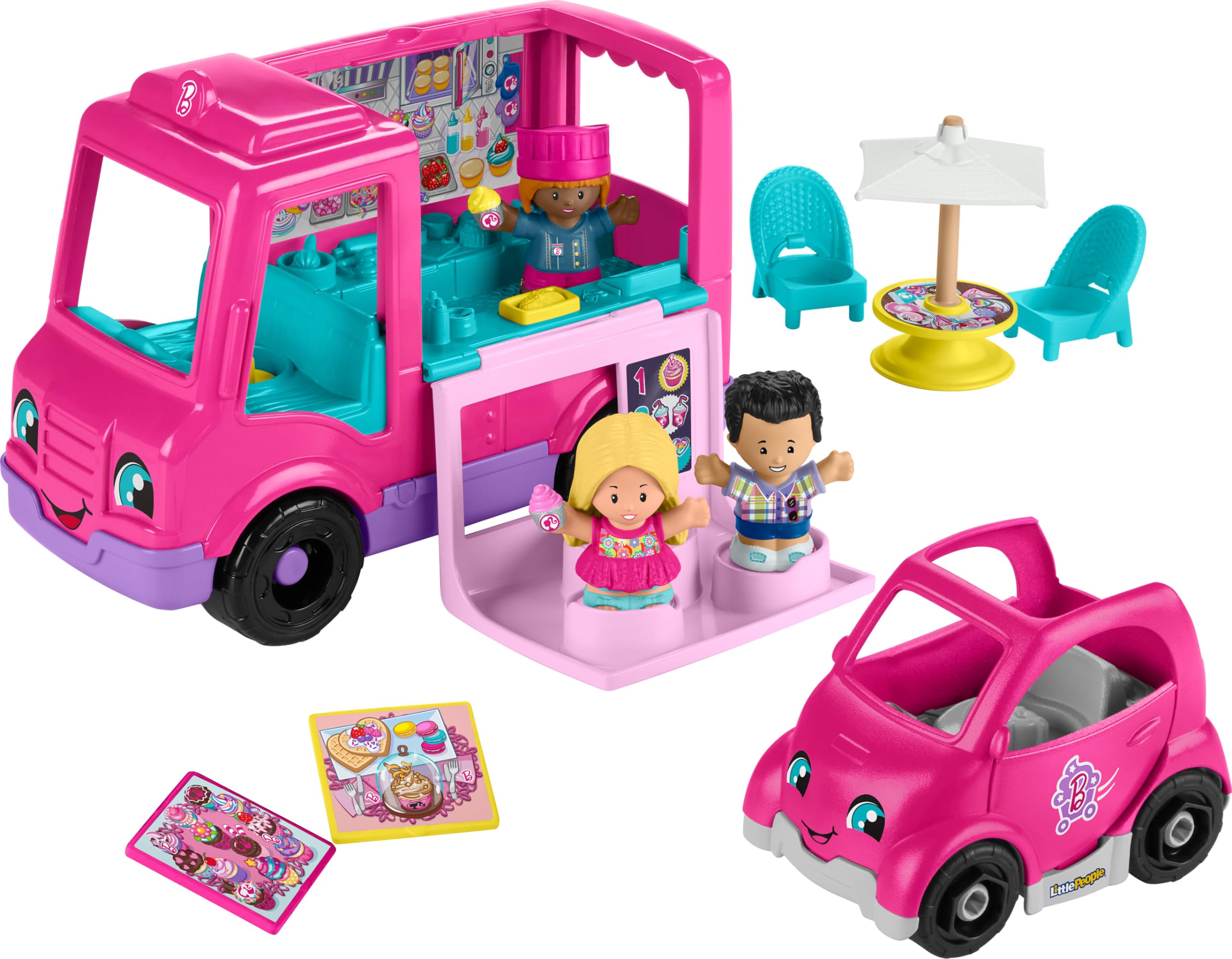 Fisher-Price Little People Barbie Kleinkind-Spielzeug Cupcake-Truck Musikalisches Spielset mit 9 Teilen zum Rollenspiel für Kinder ab 18 Monaten