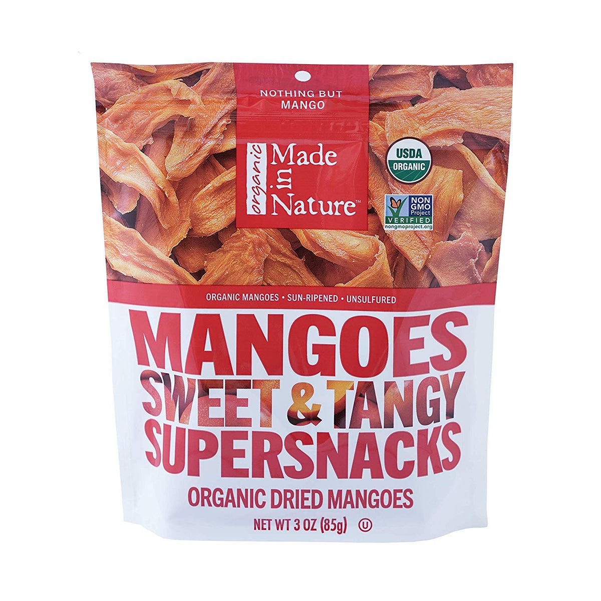 Made in Nature Bio-Trockenmangos, gentechnikfrei, glutenfrei, ungeschwefelt, veganer Snack, 85g (1er-Pack), Verpackung kann variieren