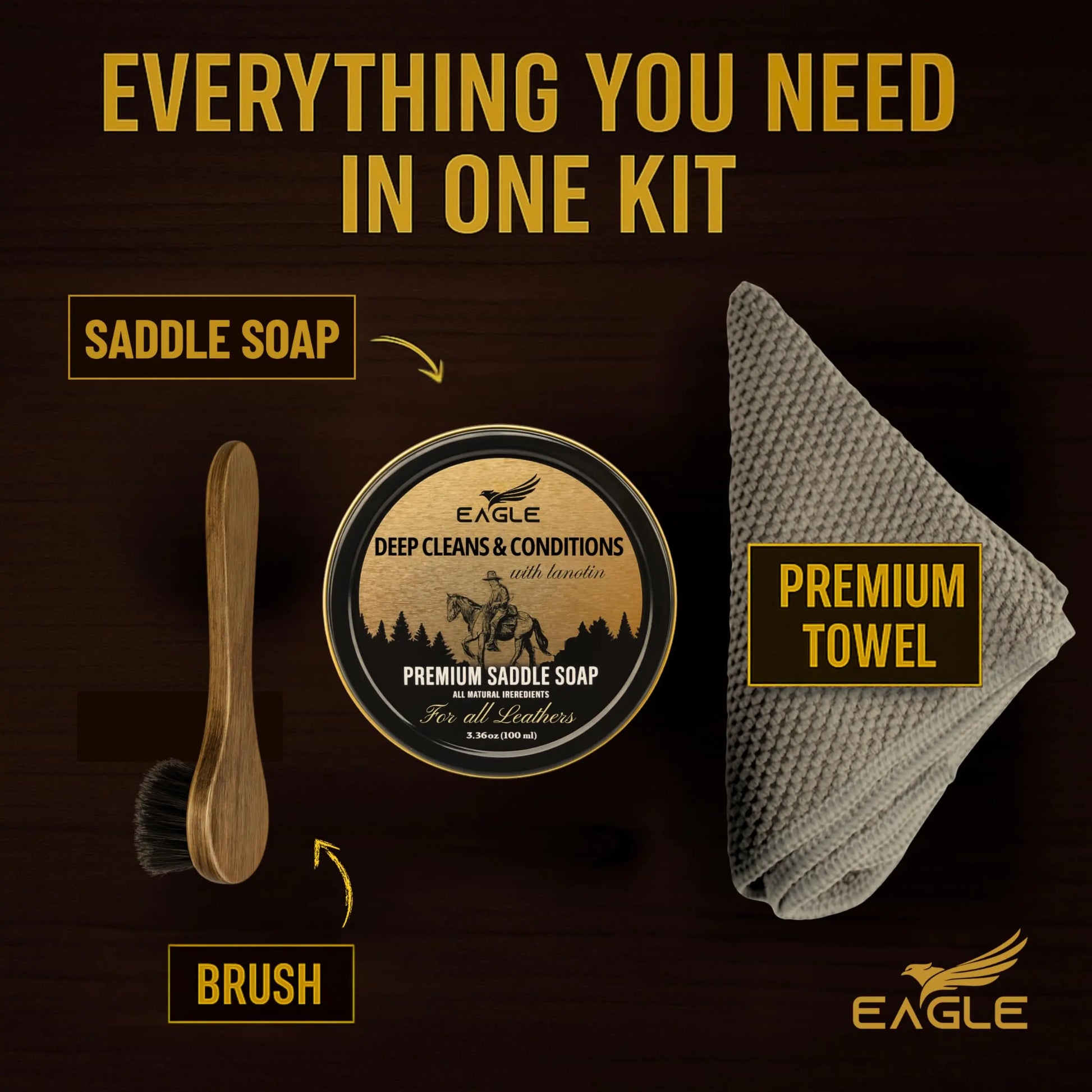 Saddle Soap for Leather – 3-Piece Saddle Soap Kit for Leather Cleaning, Boots, Tack, and Saddles – Includes Applicator and Cloth – Leather Soap and Conditioner for Leather Boots and Tack Care