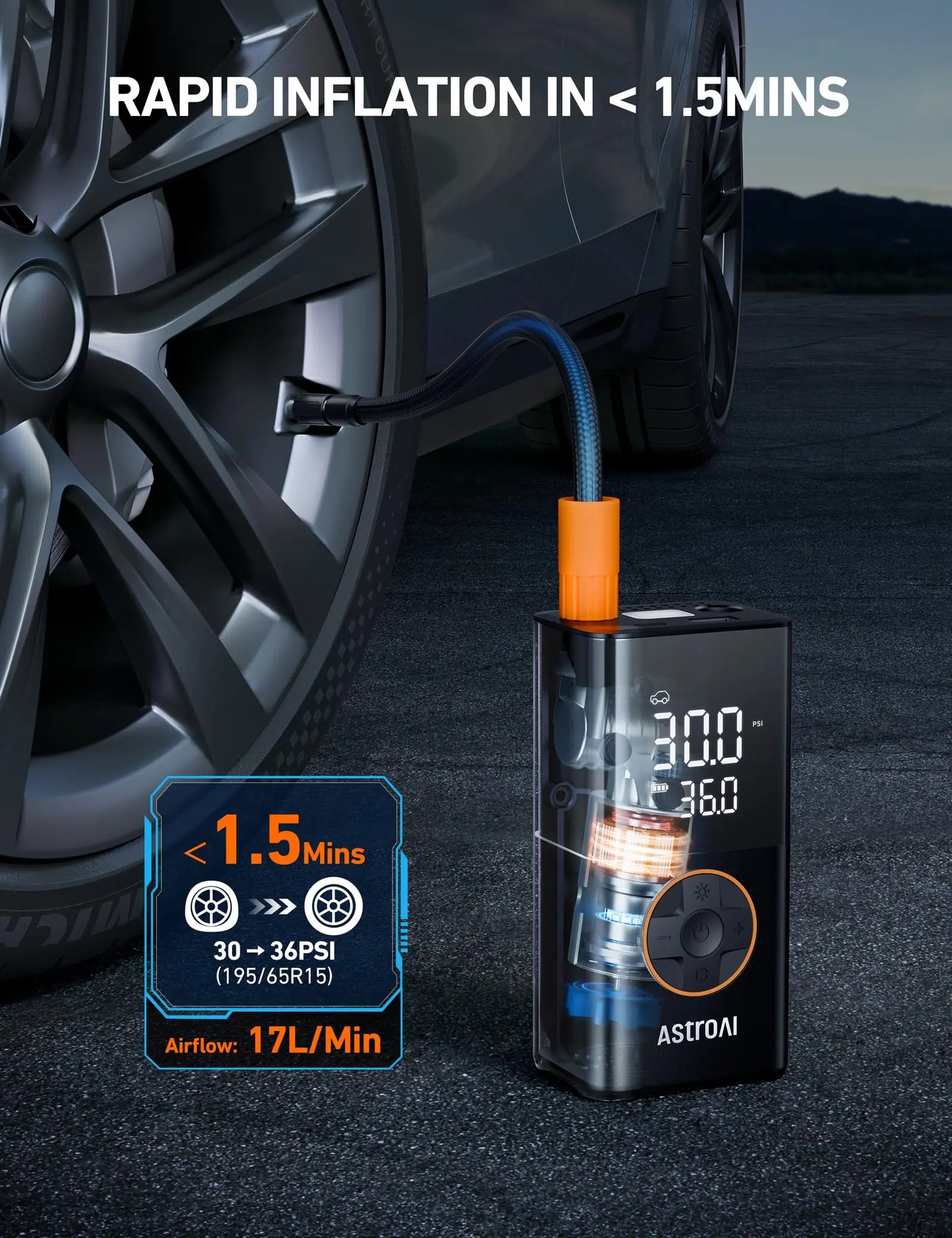 AstroAI L7 Tire Inflator Portable Air Compressor Cordless Mini Bike Pump with Digital Dual Values Display, 150 PSI Car Tires Air Pump with LED Lights&Pressure Gauge for Auto, Motorcycles, Bikes, Balls
