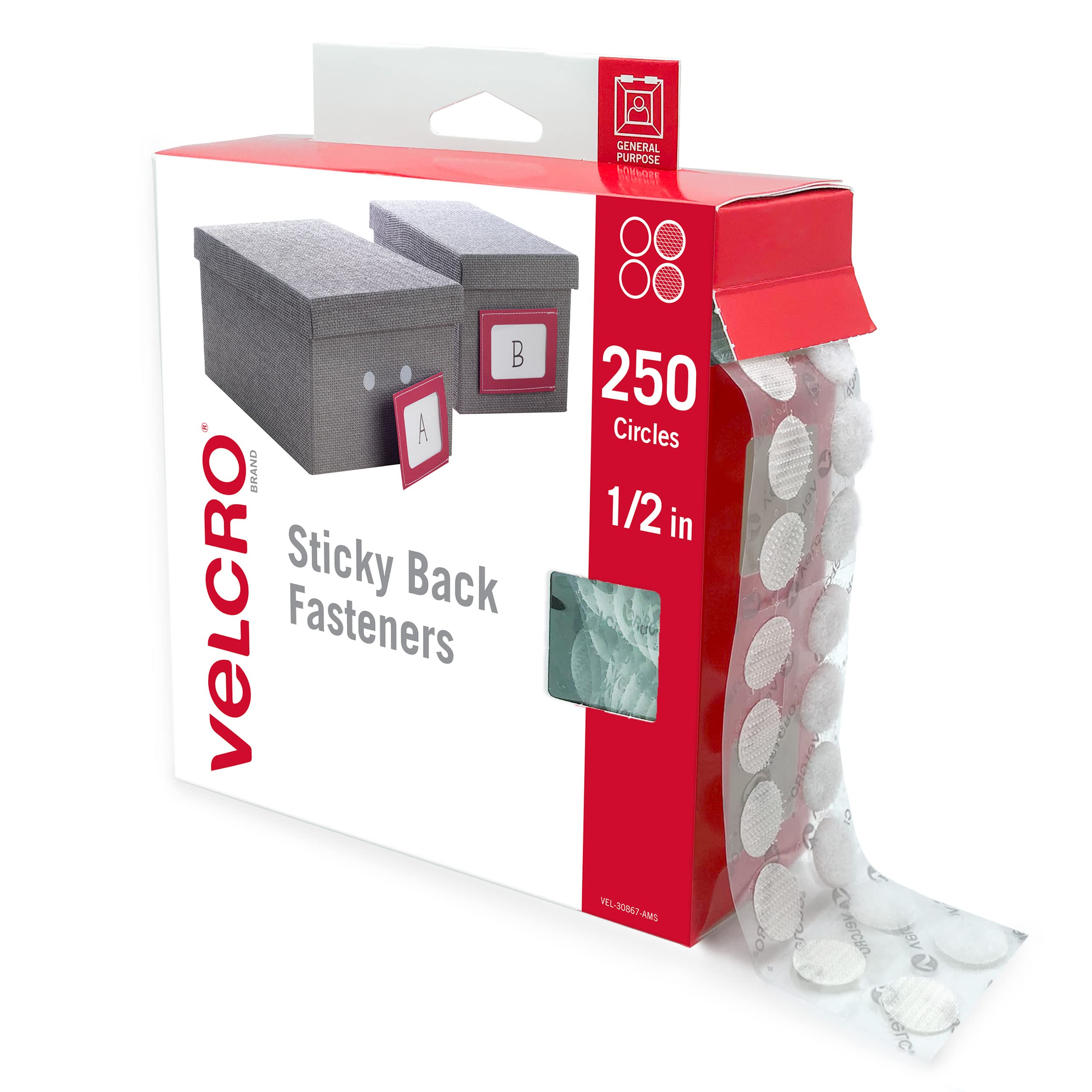 VELCRO Brand Klettpunkte mit Klebstoff | 250 Stück, Weiß | Kleine 1,3 cm Kreise | Runde Klettpunkte zum sicheren Anbringen in Büro, Schule oder Zuhause (VEL-30867-AMS)
