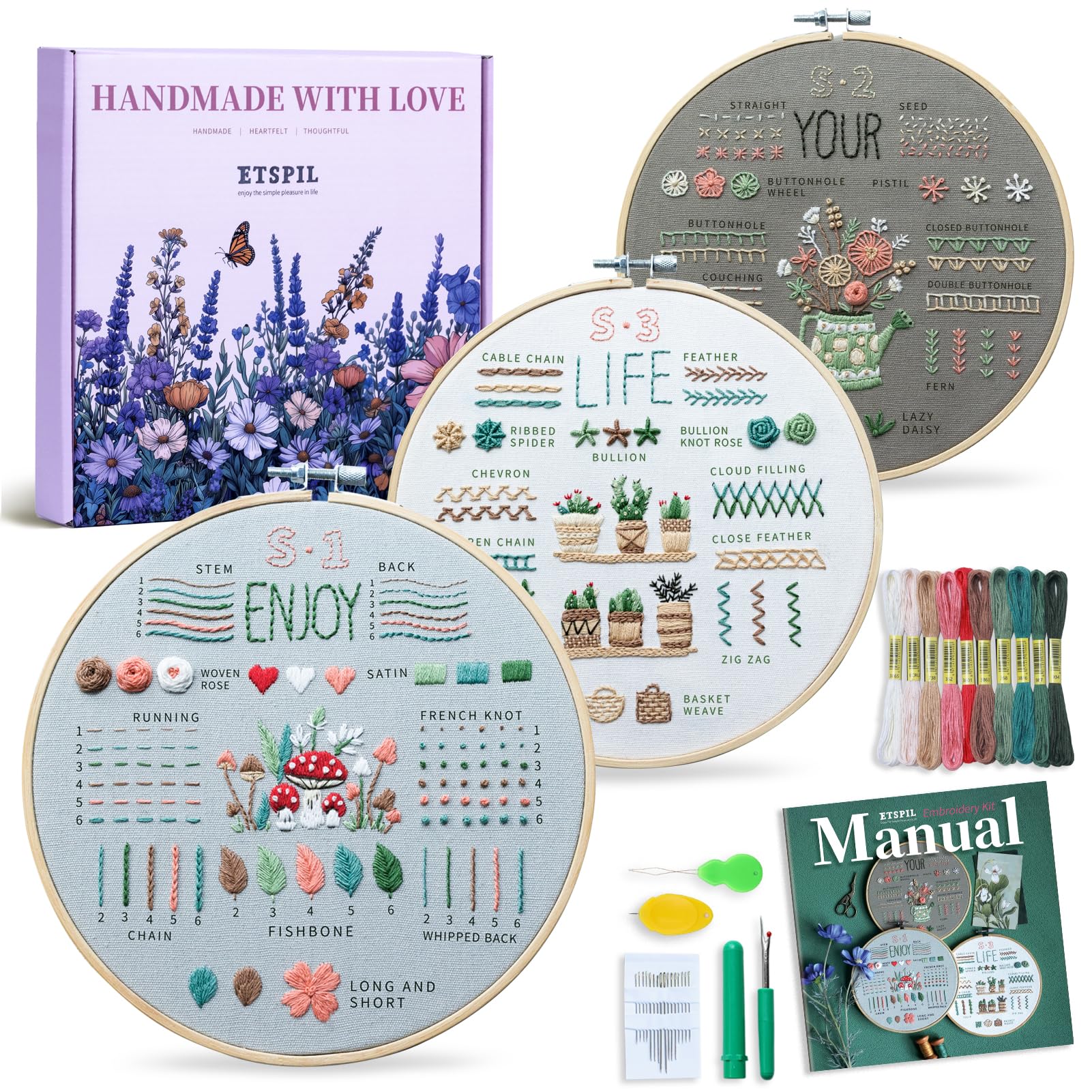 ETSPIL Stickset für erwachsene Anfänger, 3er-Pack 33-Stich-Übungssampler, vorgedruckte Muster, 7,8-Zoll-Stickrahmen, Fäden & Nadeln, Schritt-für-Schritt-Anleitung & Video, DIY-Handarbeitsgeschenk für Frauen