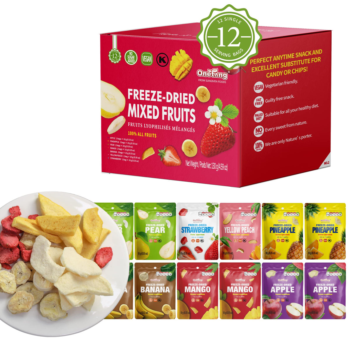 ONETANG Gefriergetrocknete Früchtemischung, 12er-Pack Einzelportionen, gentechnikfrei, koscher, ohne Zuckerzusatz, glutenfrei, vegan, Weihnachtsgeschenke, gesunder Snack 9,9 g