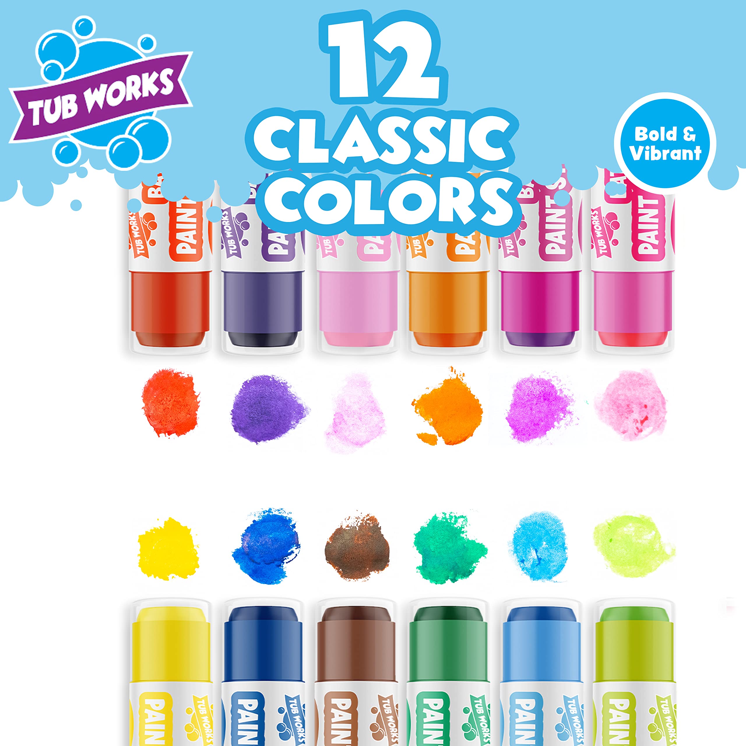 Tub Works® Bath Paint Sticks™ Bath Toy, 12 Count | Nontoxic, Washable Bathtub Paint for Kids & Toddlers | Twistable Sticks Draw Smoothly on Tub Walls | Smooth, Vibrant Alternative to Bath Crayons
