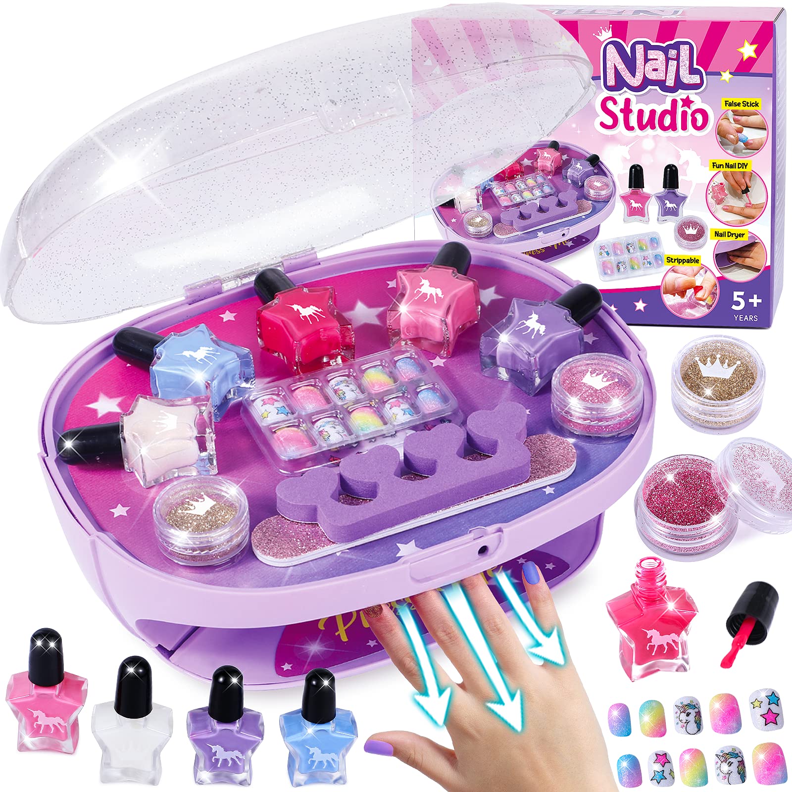 Golray Kinder Nagellack Set für Mädchen, All-in-One Nagelkunst-Set – Trockner/Glitzerpuder/Künstliche Nägel/Nagelsticker/Zehentrenner/Feile, Alter 3-12 Kleines Mädchen Geschenkspielzeug