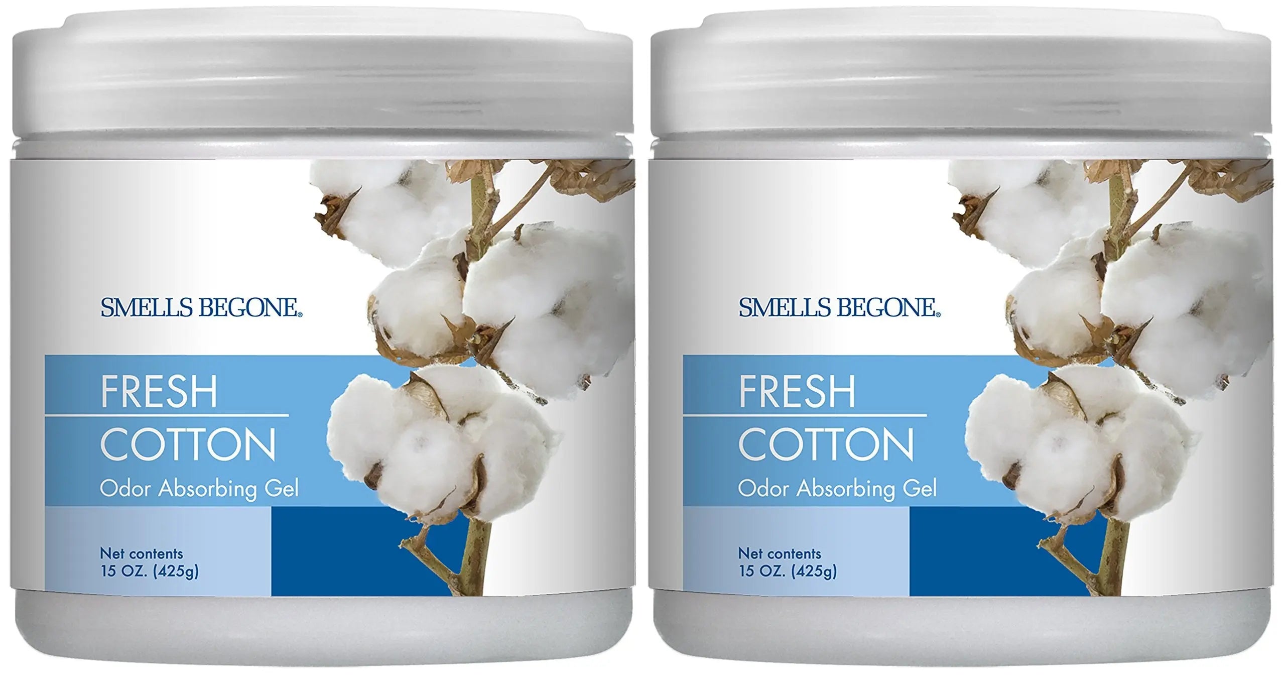 SMELLS BEGONE Air Freshener Odor Absorber Gel - 15 oz, Pack of 2 - Absorbs and Eliminates Odor in Pet Areas, Bathrooms, Cars, & Boats - Made with Essential Oils - Fresh Cotton Scent