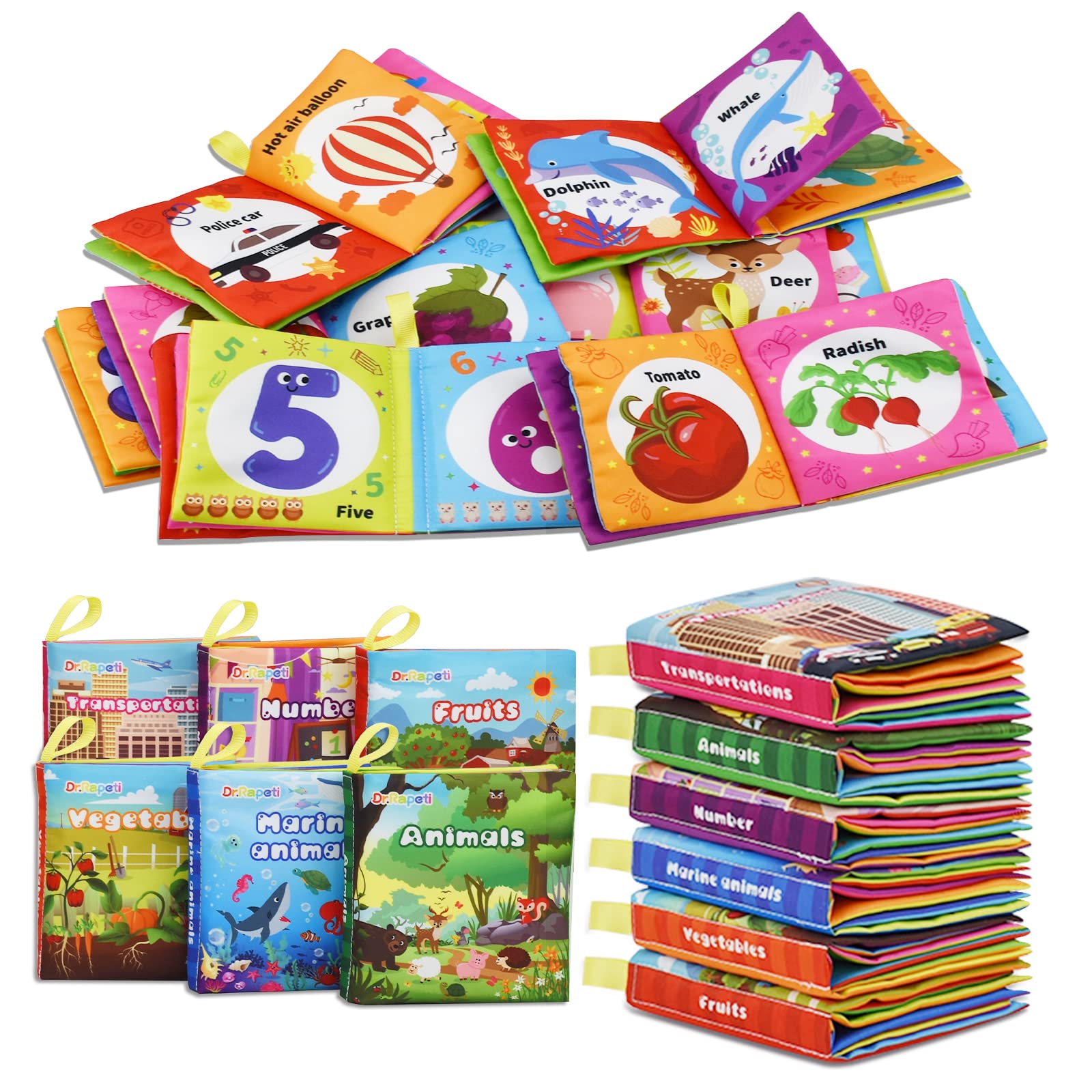 Dr.Rapeti Stoffbücher Babybücher Badebücher 6er-Pack für Babys Kleinkinder Kinder Raschelnd Quietschend Waschbar Beißfest Ungiftig Frühpädagogisch Geschenkbar