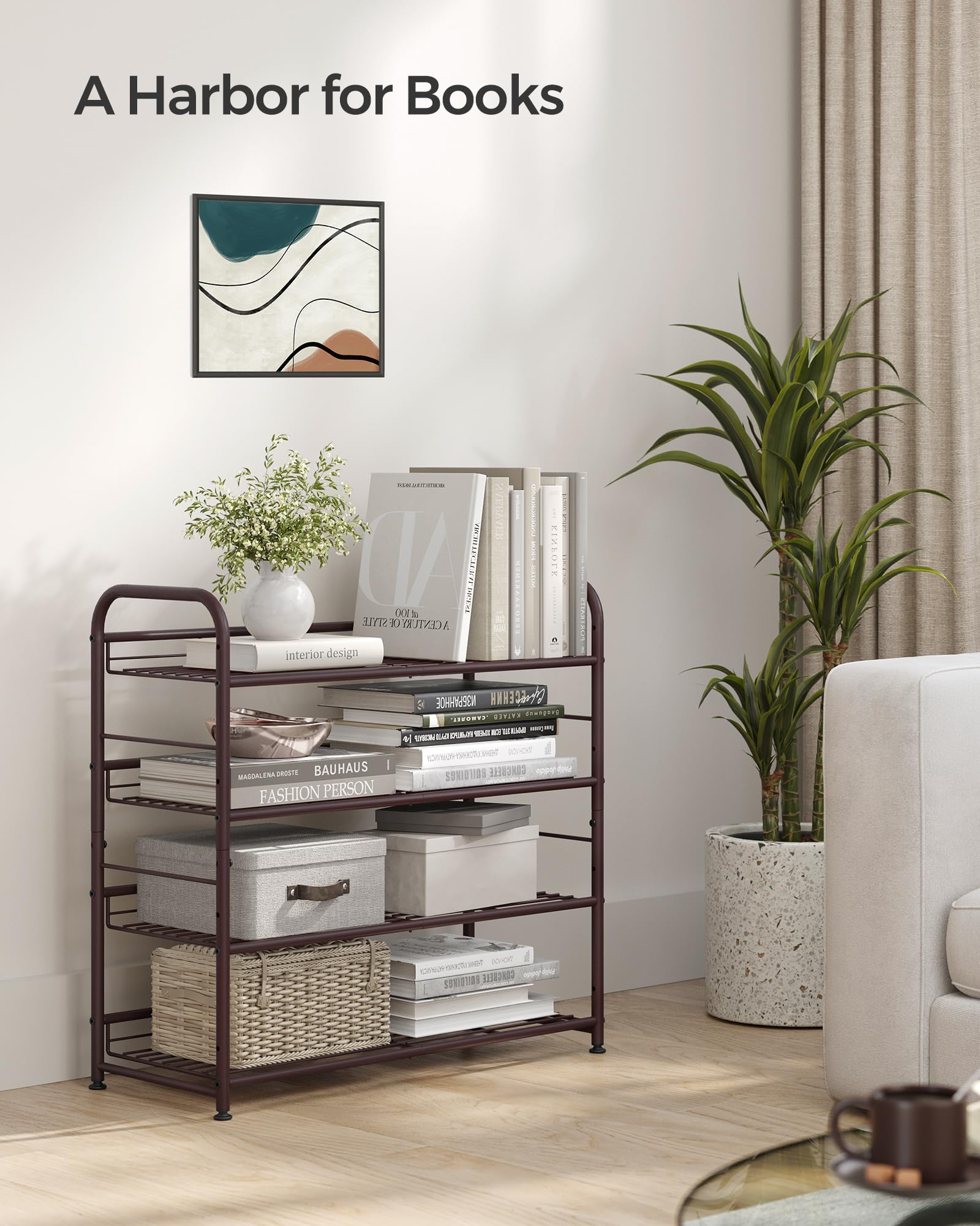 SONGMICS Stackable Shoe Rack, 4 Tier Metal Shoes Rack Storage Shelf, Holds up to 20 Pairs Shoes, Adjustable Slanted Shelves Tower Organizer for Closet Entryway Small Spaces, Bronze