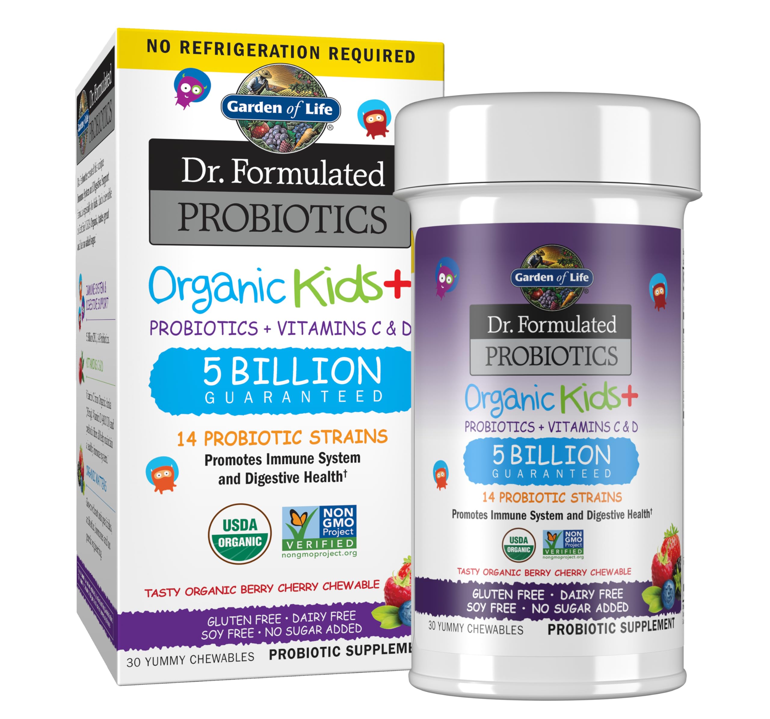 Garden of Life Kids Probiotics, Dr. Formulated Probiotics Bio Kids+ Vitamin C & D, Beere-Kirsche, Gluten-, Milch- und Sojafrei Immun- und Verdauungsgesundheit Nahrungsergänzungsmittel, 30 Kautabletten (ungekühlt lagerbar)