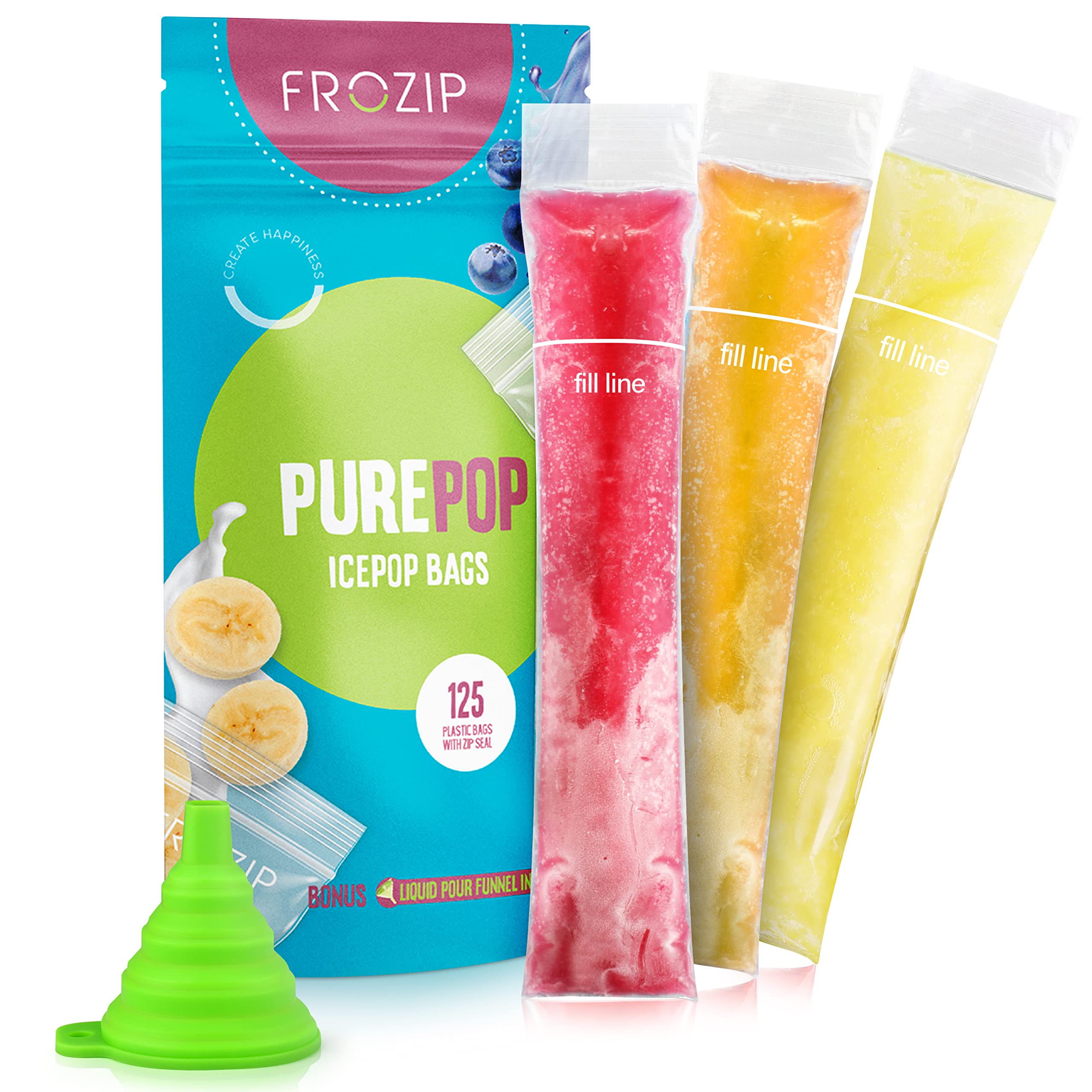 Frozip 125 Einweg-Eis am Stiel-Formbeutel | BPA-freie Gefrierbeutel mit Zip-Verschlüssen | Für gesunde Snacks, Joghurt-Sticks, Saft- und Obst-Smoothies, Eis-Lollies | Kommt mit einem Trichter (8x2")