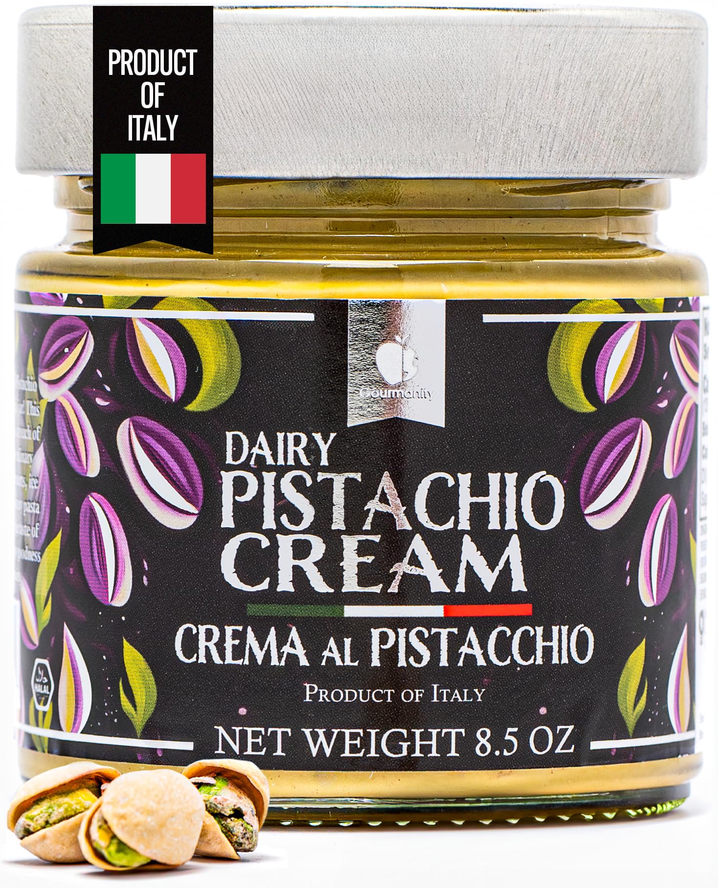 Gourmanity Milch-Pistazien-Creme, perfekt für Dubai Chocolate Bar, luxuriöse Pistazienbuttercreme für süße und herzhafte Gerichte, ideal für italienische Rezepte, 240g Glas