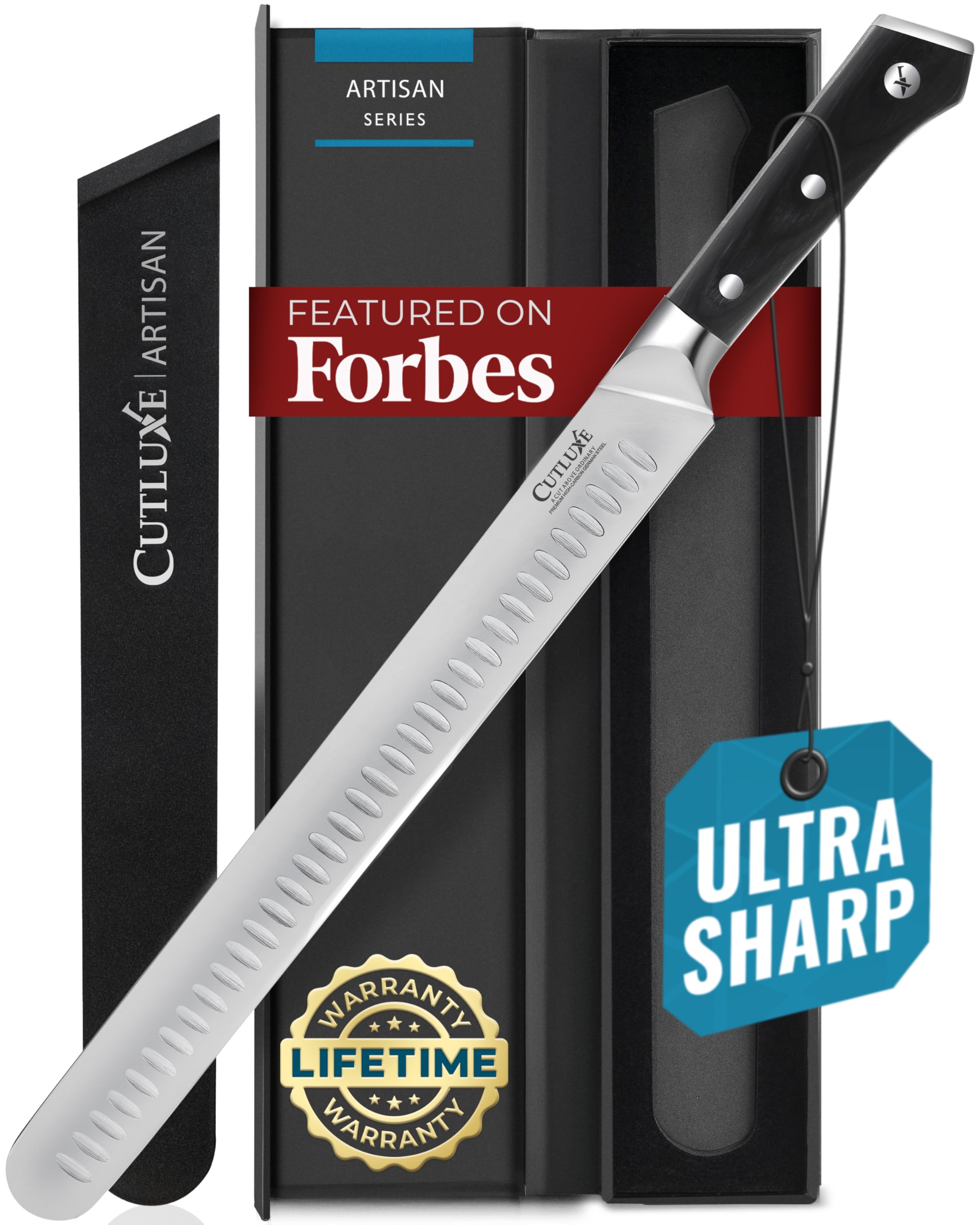 Cutluxe Brisket Knife - 12" Carving & Slicing Knife for Meat & BBQ - Razor Sharp German Steel, Sheath Included, Ergonomic Full Tang Handle Design - Artisan Series