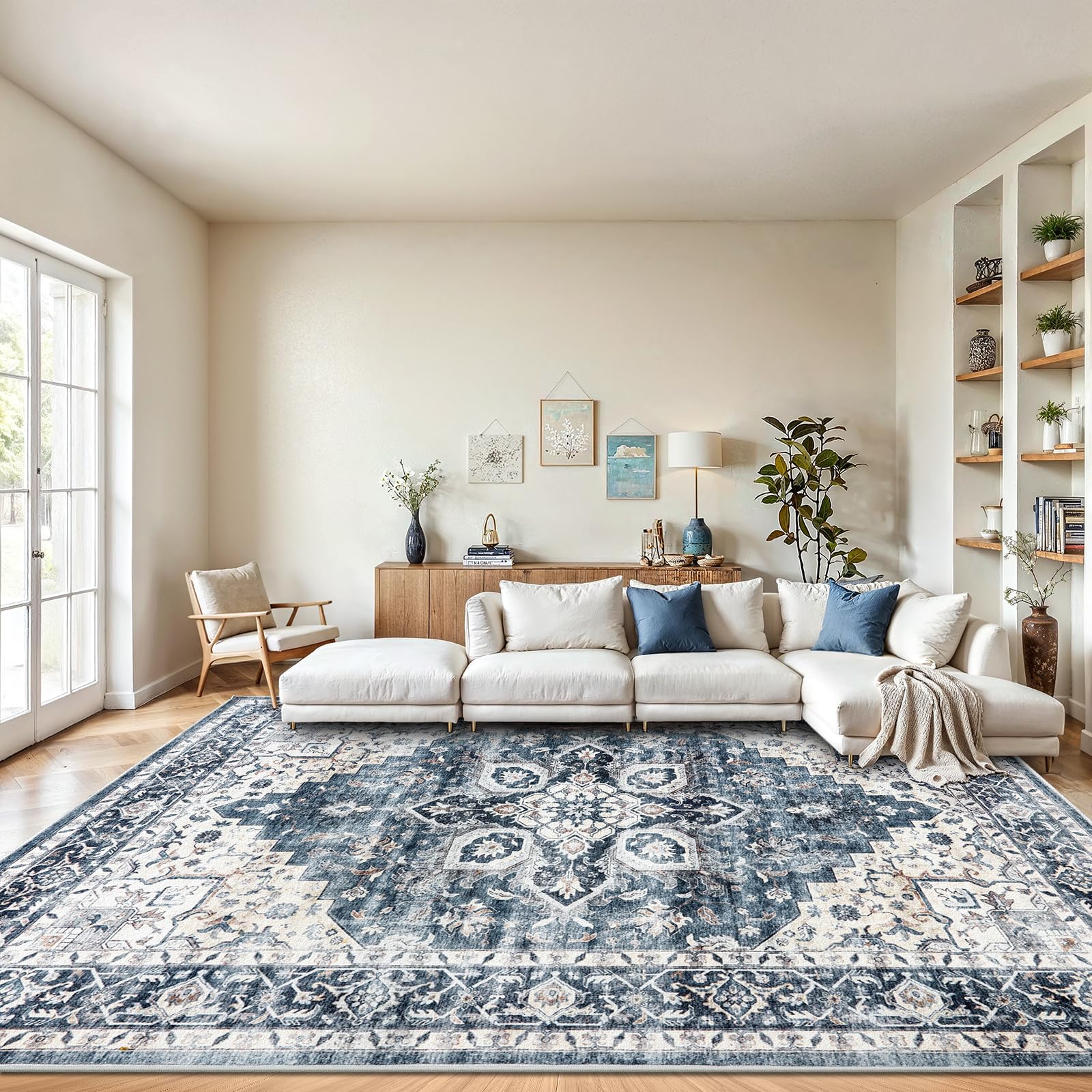 AMADA HOMEFURNISHING 8x10 Washable Area Rug, Low-Profile Large Area Rug with Non-Slip Backing & Durable Edge Binding, Vintage Large Rugs for Living Room, Bedroom, Dinning Room