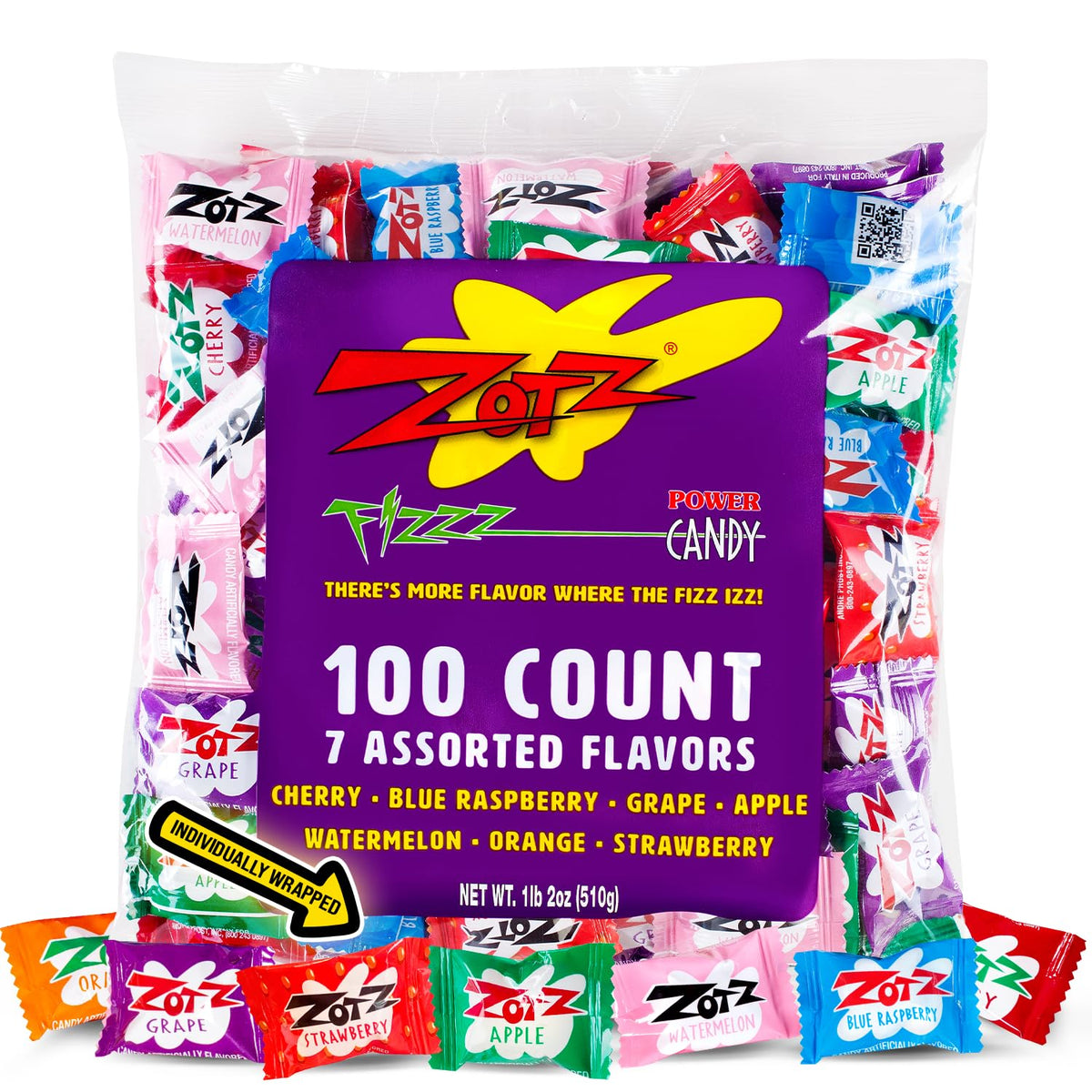 Zotz Brause-Großpackung (sortiert, 100 Stück) – einzeln verpackte Hartkaramellen – 7 verschiedene Fruchtsorten: Kirsche, Wassermelone, Erdbeere, Blaue Himbeere, Apfel, Orange & Traube – Aus Italien seit 1970