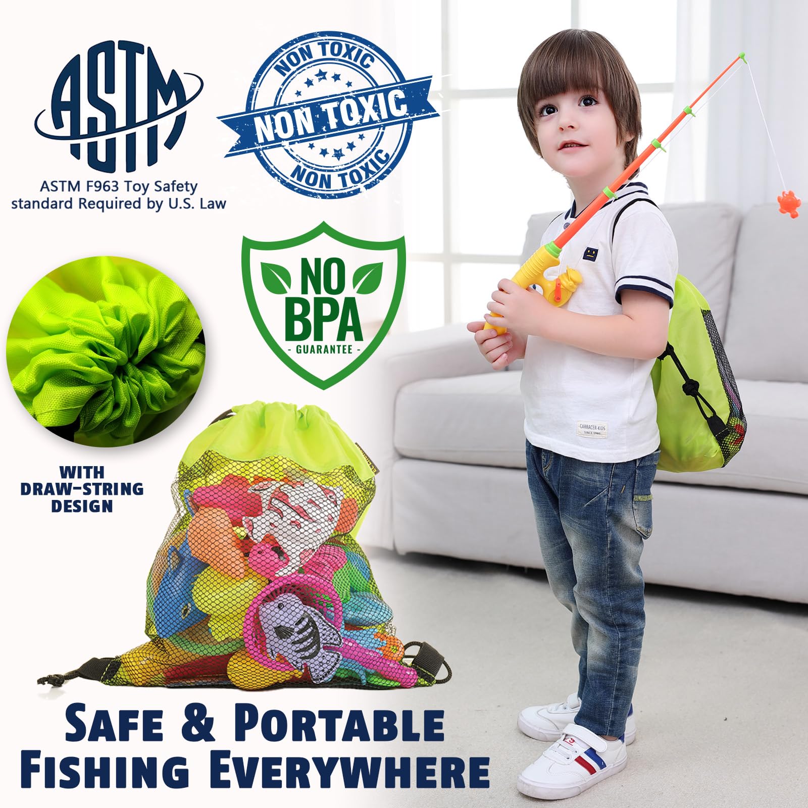 CozyBomB™ Magnetic Fishing Toys Game Set for Kids | Water Table Bathtub Kiddie Pool Party & Pole Rod Net, Plastic Floating Fish Toddler Color Ocean Sea Animals Birthday Age 3 4 5 6 Year