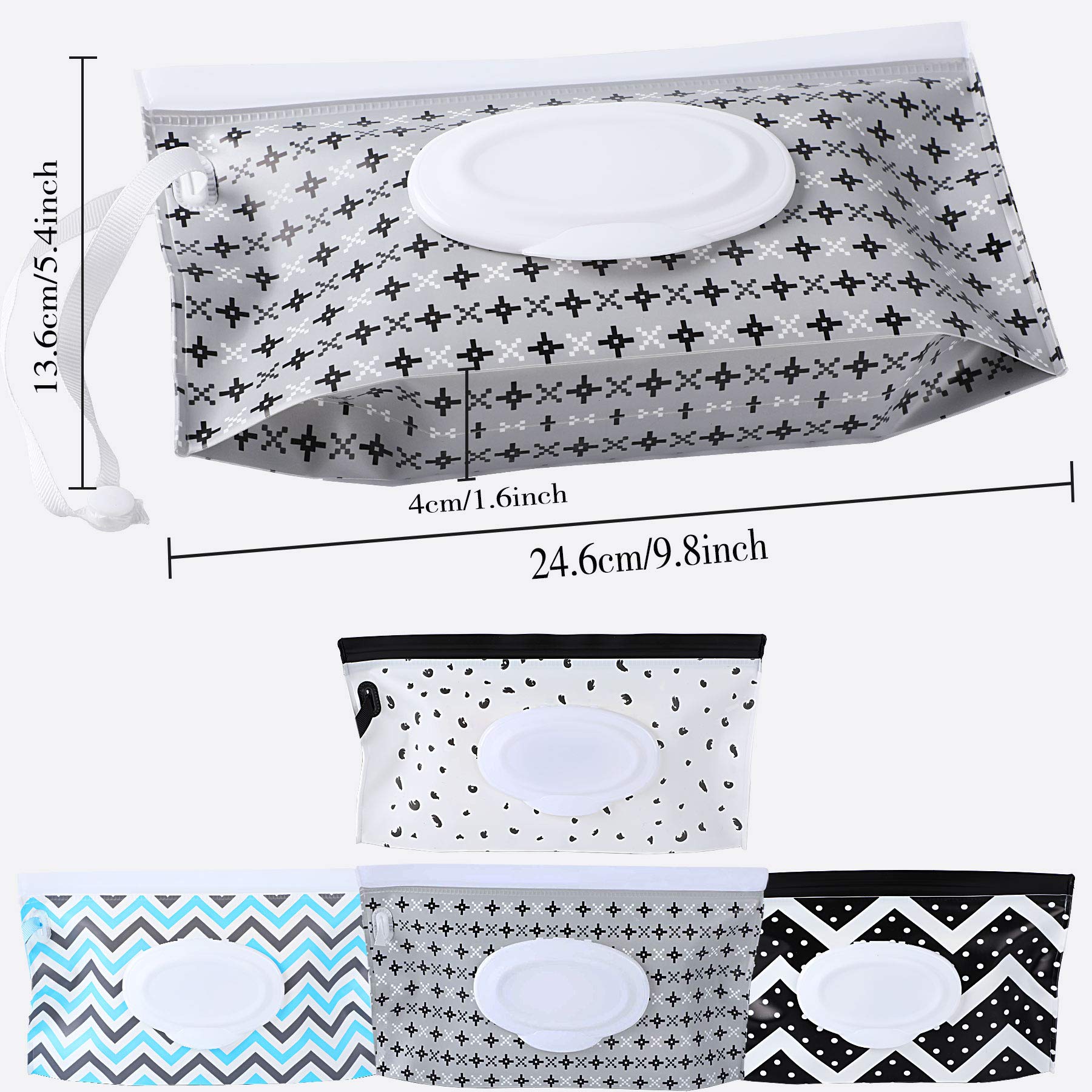 FEBSNOW 4 Pack Baby Wipe Dispenser, Portable Refillable Wipe Holder, Baby Wipes Container, Wipe Dispenser, Reusable Travel Wet Wipe Pouch (Geometric)