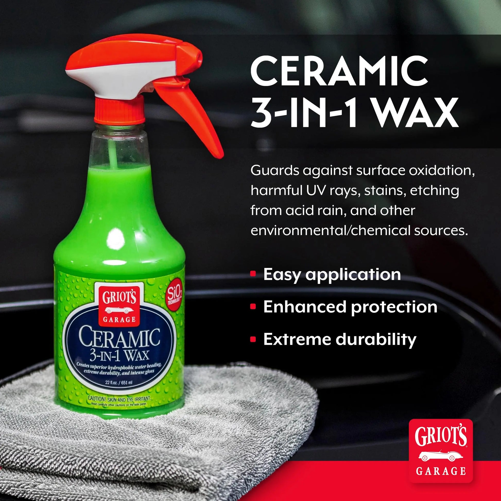 Griot’s Garage Ceramic 3-in-1 Wax, SiO2 Spray for Cars, Trucks, and RV’s, Provides Protection and Water Beading on Paint, Wheels, Plastic, Rubber Trim, Chrome, and More, 10978, 22 oz