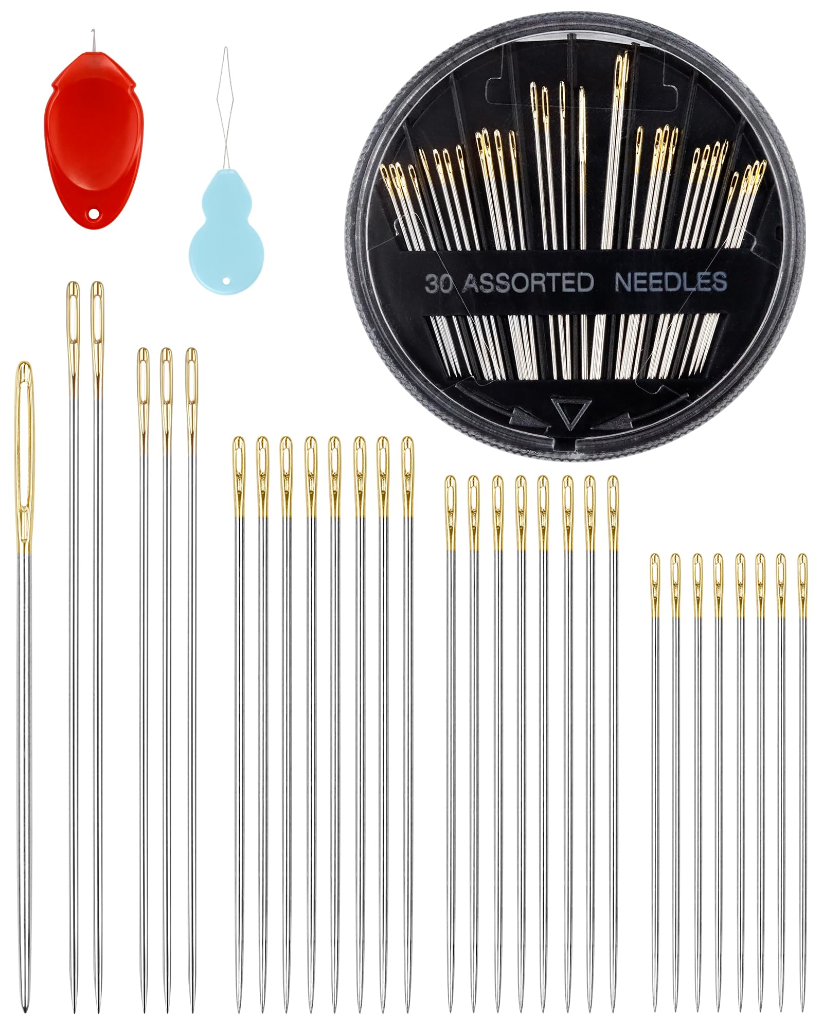 FIVEIZERO 30-teiliges Premium Handnadelset, 6 Größen Sticknadelset mit Einfädelhilfen für Handarbeiten, Großes Öhr Nähnadelset für Kunst- und Bastelprojekte