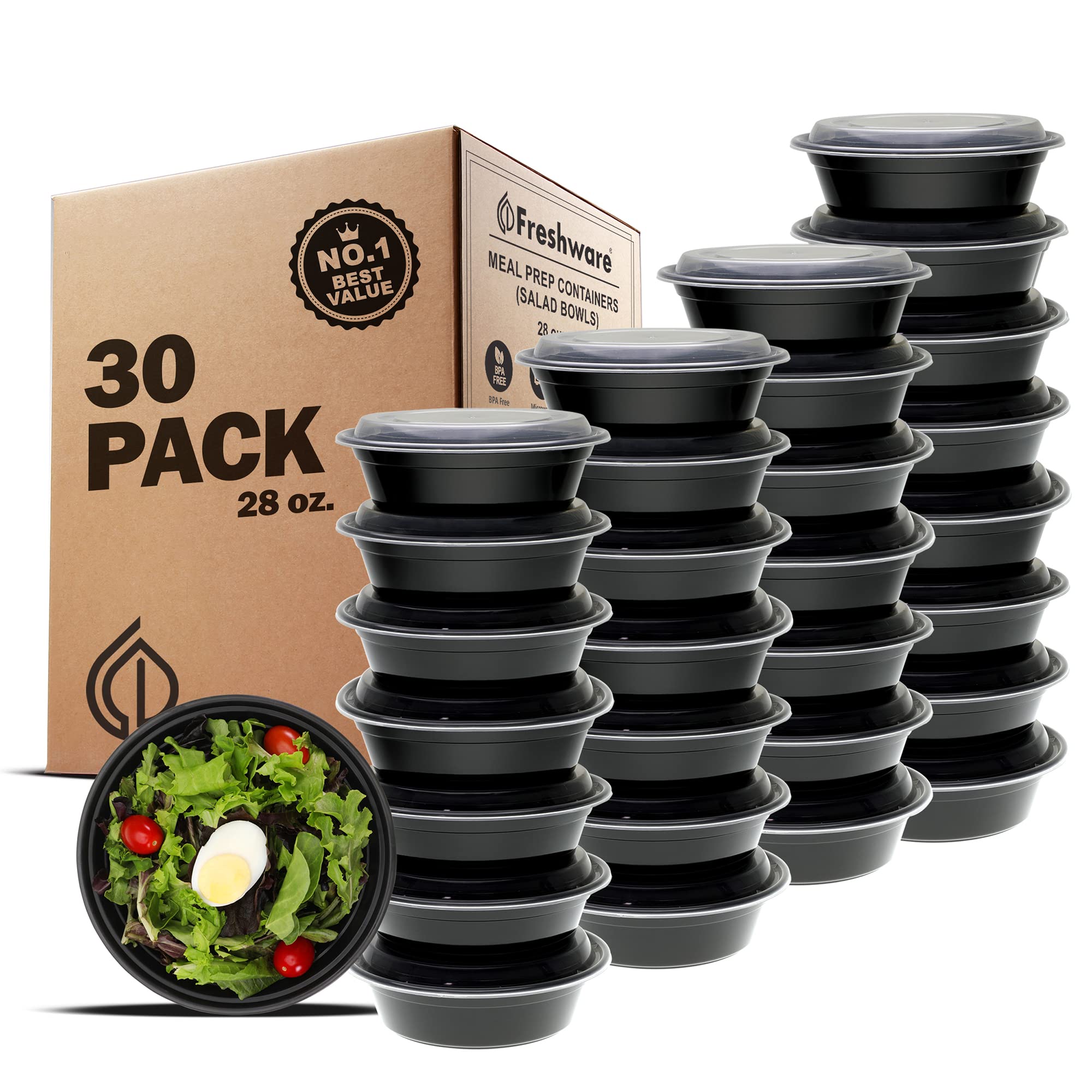 Freshware Meal Prep Bowl Behälter [30er-Pack] Kunststoffschalen mit Deckel für Suppe und Salat, Lebensmittelaufbewahrung Bento Box, BPA-frei, stapelbar, Brotdosen, Mikrowellen-/Spülmaschinen-/Gefrierfachgeeignet (828 ml)