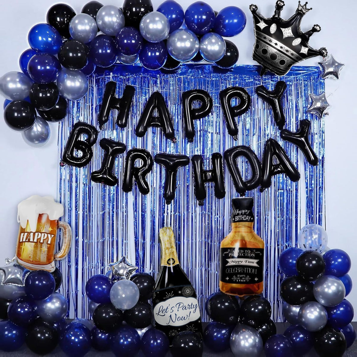 Blaue und schwarze Happy Birthday Dekorationen für Männer, Geburtstagsdekorationen mit Banner, Lametta Vorhang, Folienballons, Ballon-Sets für den 21., 25., 27., 30., 35., 40., 50. und 60. Geburtstag