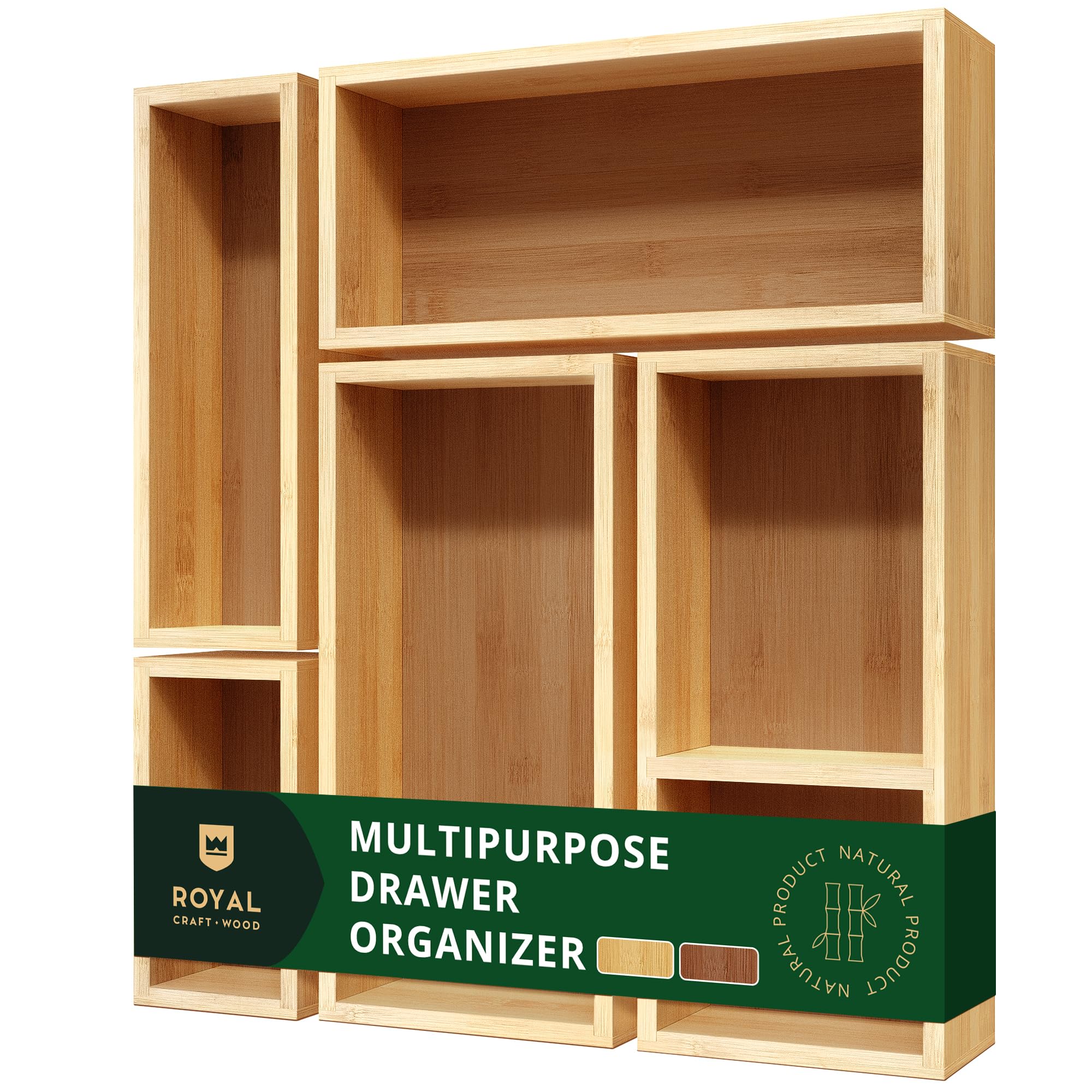 ROYAL CRAFT WOOD 5-Piece Bamboo Drawer Organizer Set – Multi-Use Storage Trays for Kitchen, Bathroom, Office, Makeup, Jewelry & More – Junk Drawer Tray, Utensil Holder, Storage Box & Bin Set (5 Boxes)