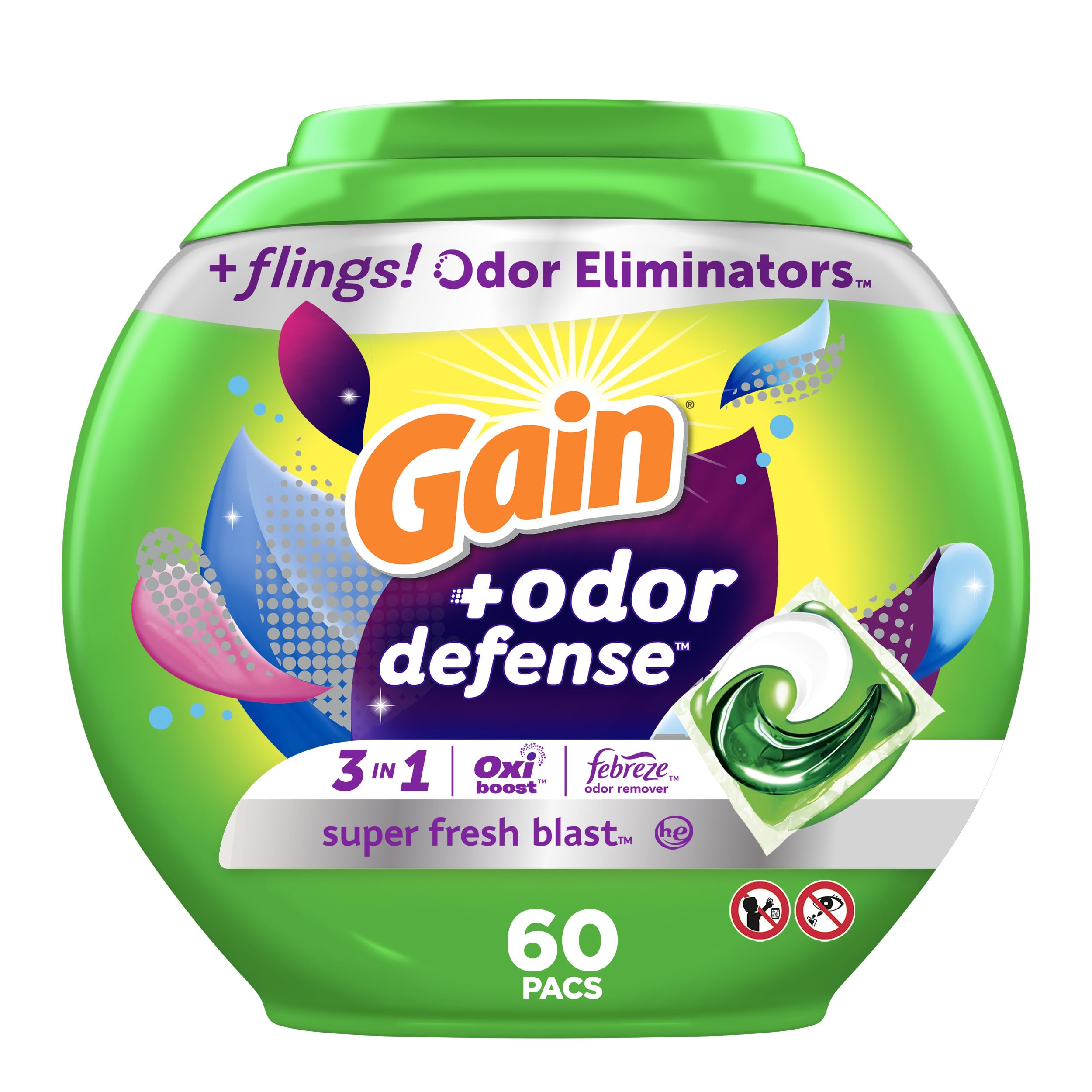Gain Flings Waschmittel-Pacs mit Geruchsschutz, 60 Stück, Super Fresh, HE 3in1 Waschmittel-Pacs mit Febreze und Oxi
