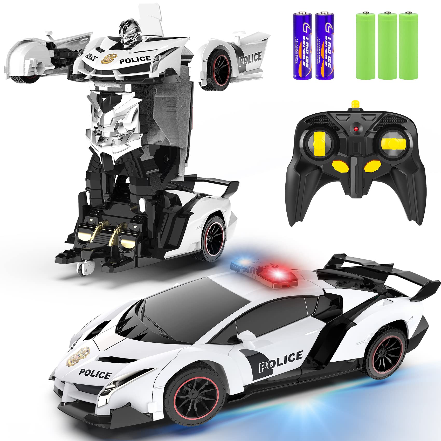 FDJ Ferngesteuertes Auto – Verwandlungs-Spielzeugauto Roboter, Ein-Knopf-Verformung zum Roboter mit Blinklicht, 2.4Ghz 1:18 Maßstab Verwandlungs-Polizeiauto Kinderspielzeug mit 360-Grad-Drehung, Mädchen Jungen Spielzeug