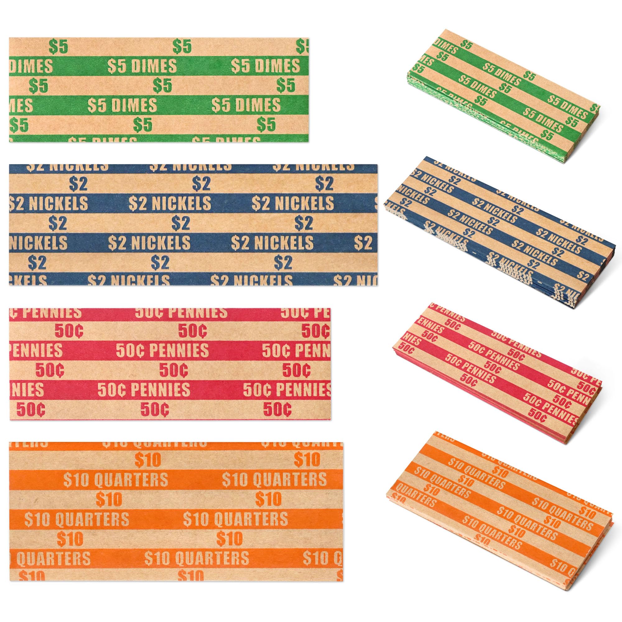ESSENTIAL 100er-Pack sortierte flache gestreifte Münzrollen, Münzpapierrollen für 25-Cent-Stücke, 10-Cent-Stücke, 5-Cent-Stücke, 1-Cent-Stücke