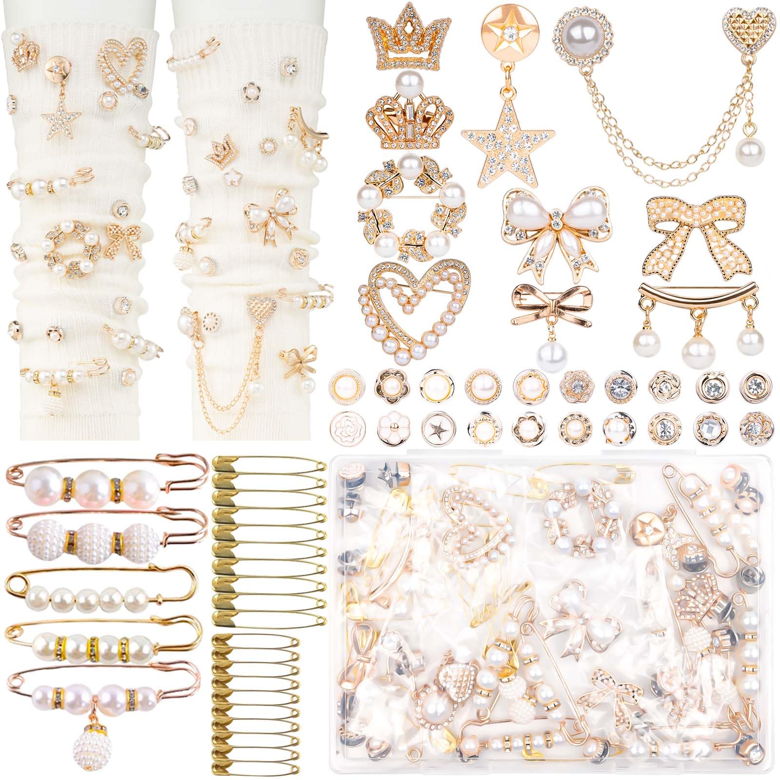 DoDoBeads 60 قطعة من دلايات دبابيس الزينة، دبابيس وخرز ذهبي للنساء، دلايات جورب باللؤلؤ وحجر الراين مع دبابيس أمان، إكسسوارات يمكنك صنعها بنفسك لتزيين وتخصيص الجوارب