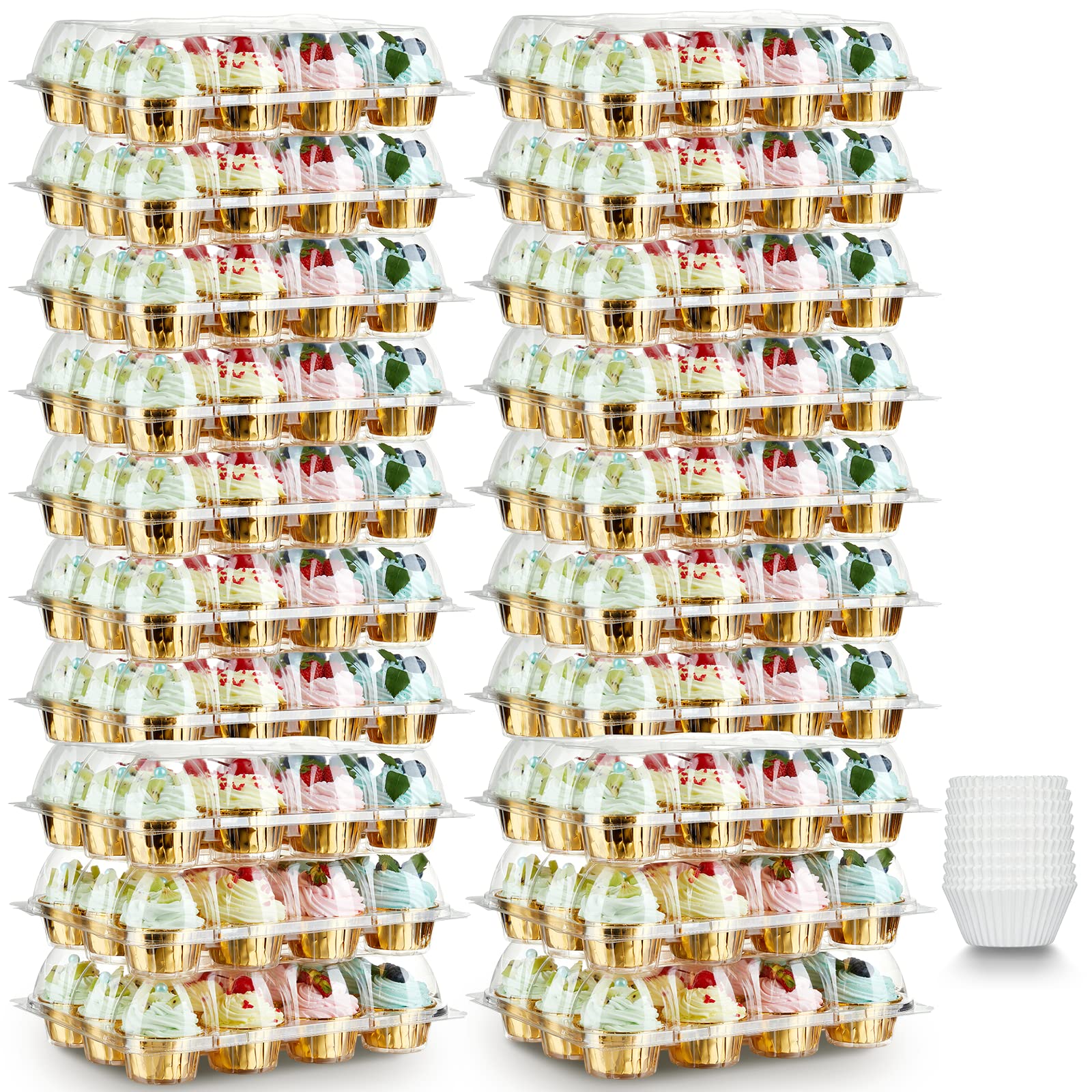 Gencywe (12er-Pack x 20 Sets) Stapelbarer Cupcake-Halter mit 240 Cupcake-Förmchen, Cupcake-Boxen aus Kunststoff für 12 Cupcakes, hohe Cupcake-Behälter mit Kuppeldeckel, durchsichtige Einweg-Cupcake-Tabletts