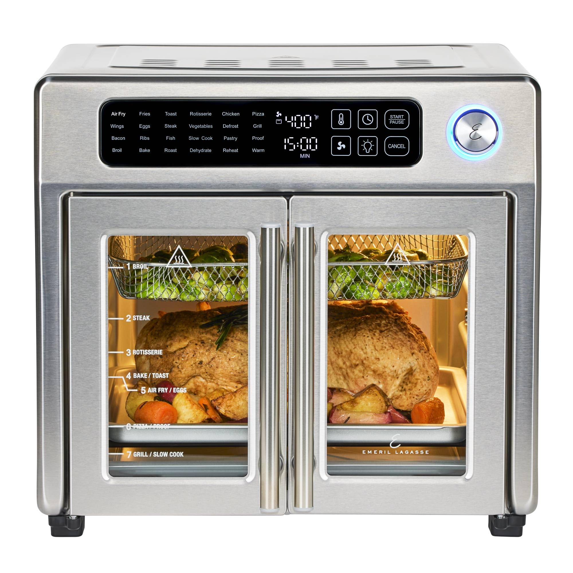 Emeril Lagasse Extra Large Heißluftfritteusen-Ofen-Kombination mit Flügeltür, 24 Kochfunktionen und digitaler Steuerung, 7 Zubehörteile inklusive, Edelstahl-Finish, 26QT Fassungsvermögen