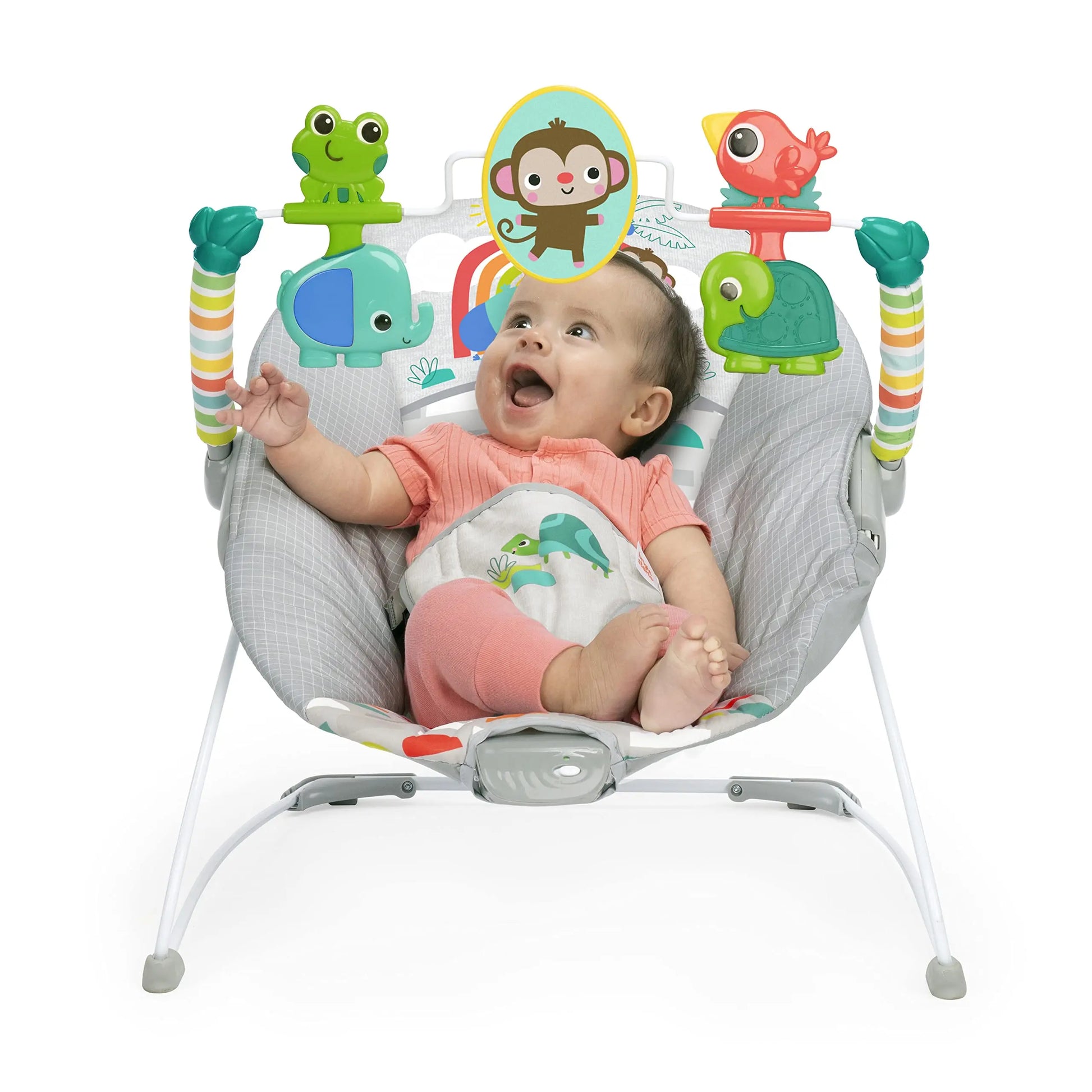 Bright Starts Playful Paradise Comfy Baby Bouncer Seat with Soothing Vibration and Toys, Unisex, 0-6 Months